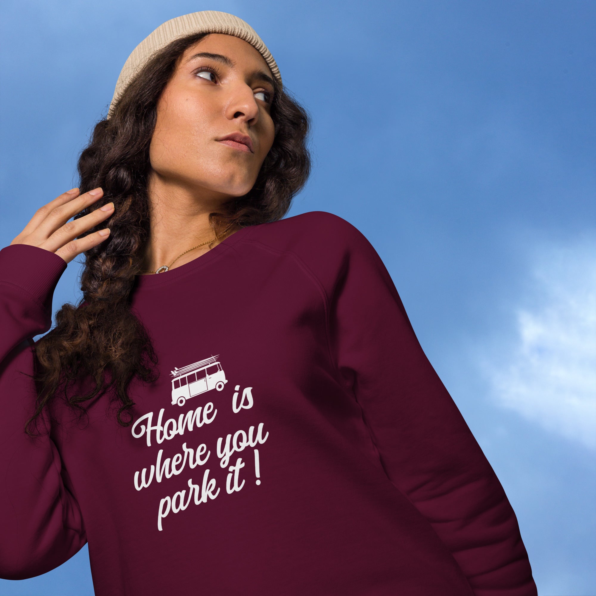 Sweatshirt écologique raglan unisexe White Surf Combi Home is where you park it