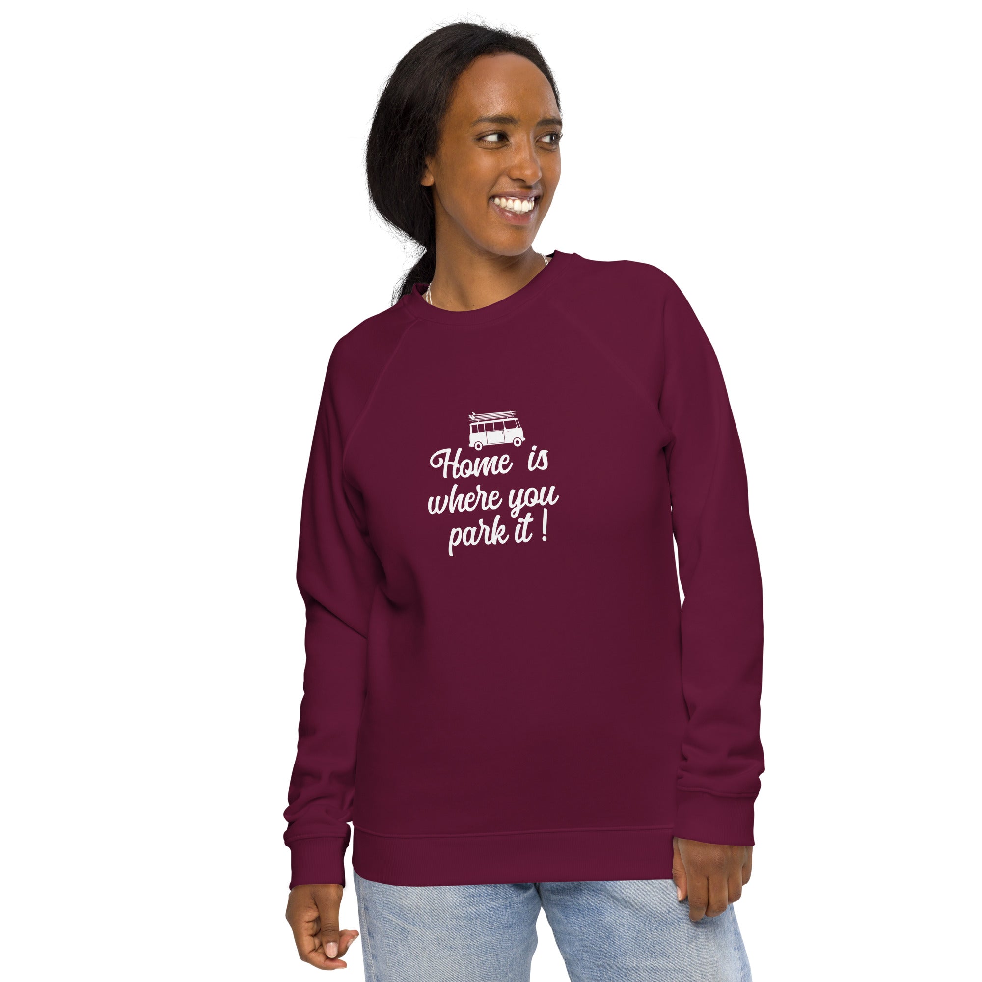 Sweatshirt écologique raglan unisexe White Surf Combi Home is where you park it