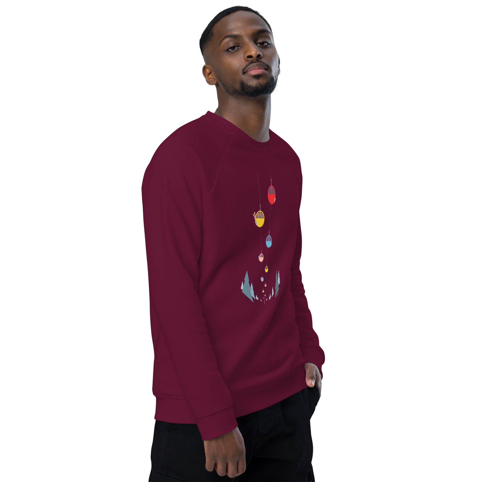 Unisex organic raglan sweatshirt Gondolas in the mist