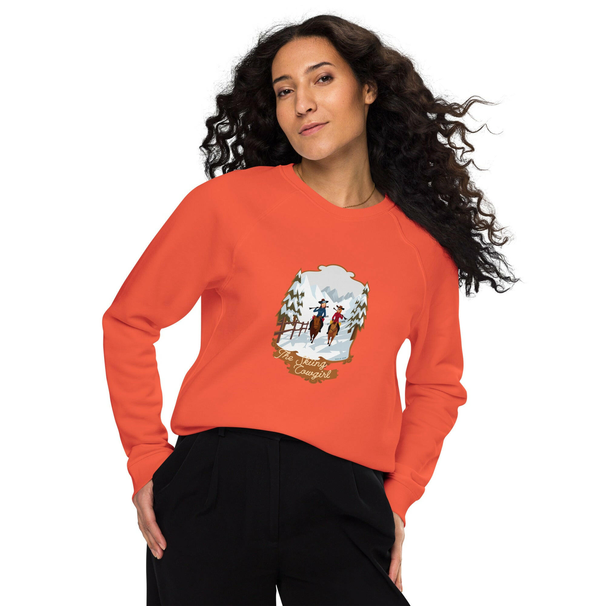 Unisex organic raglan sweatshirt The Skiing Cowgirl