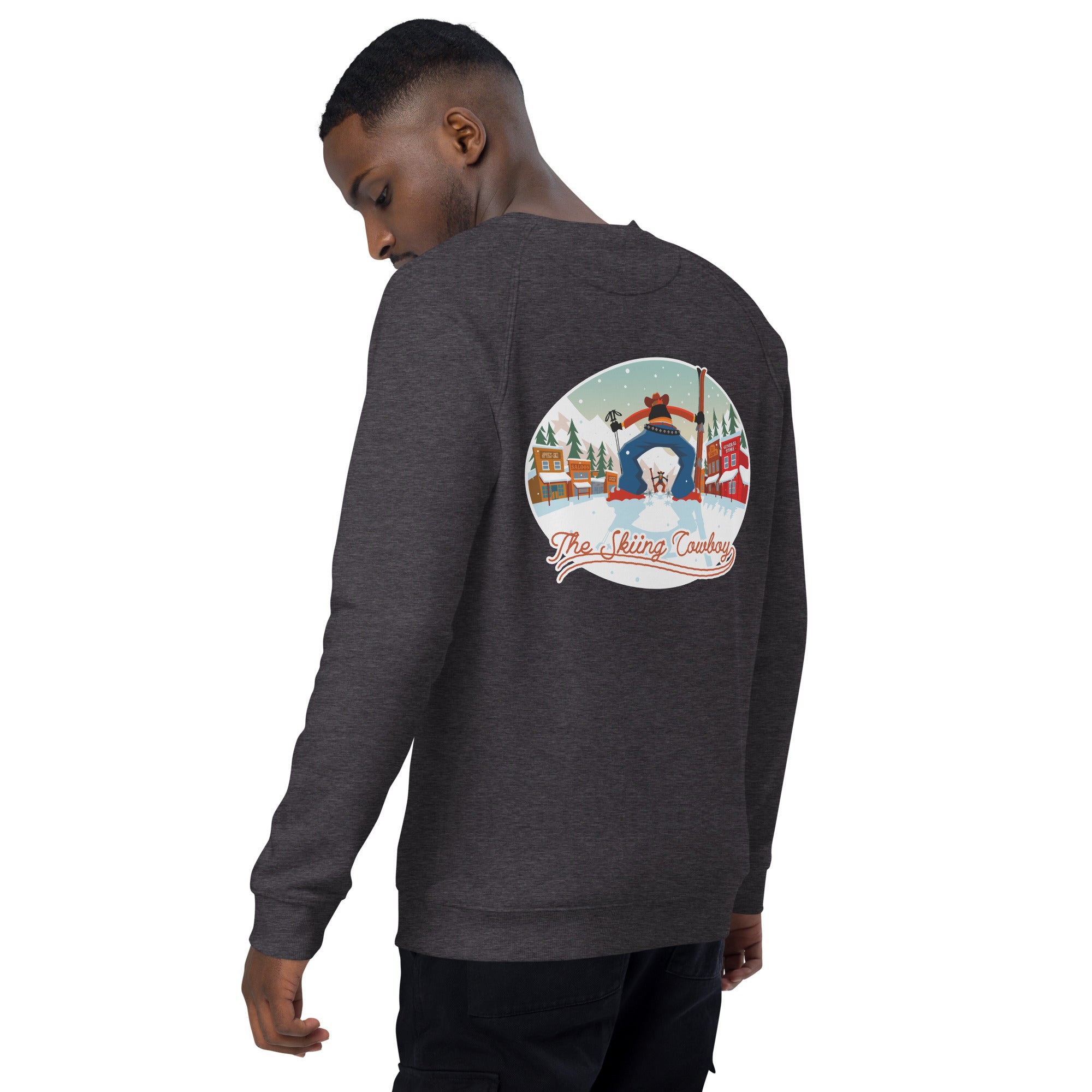 Unisex organic raglan sweatshirt Ski Fight at OK Corral (front & back)