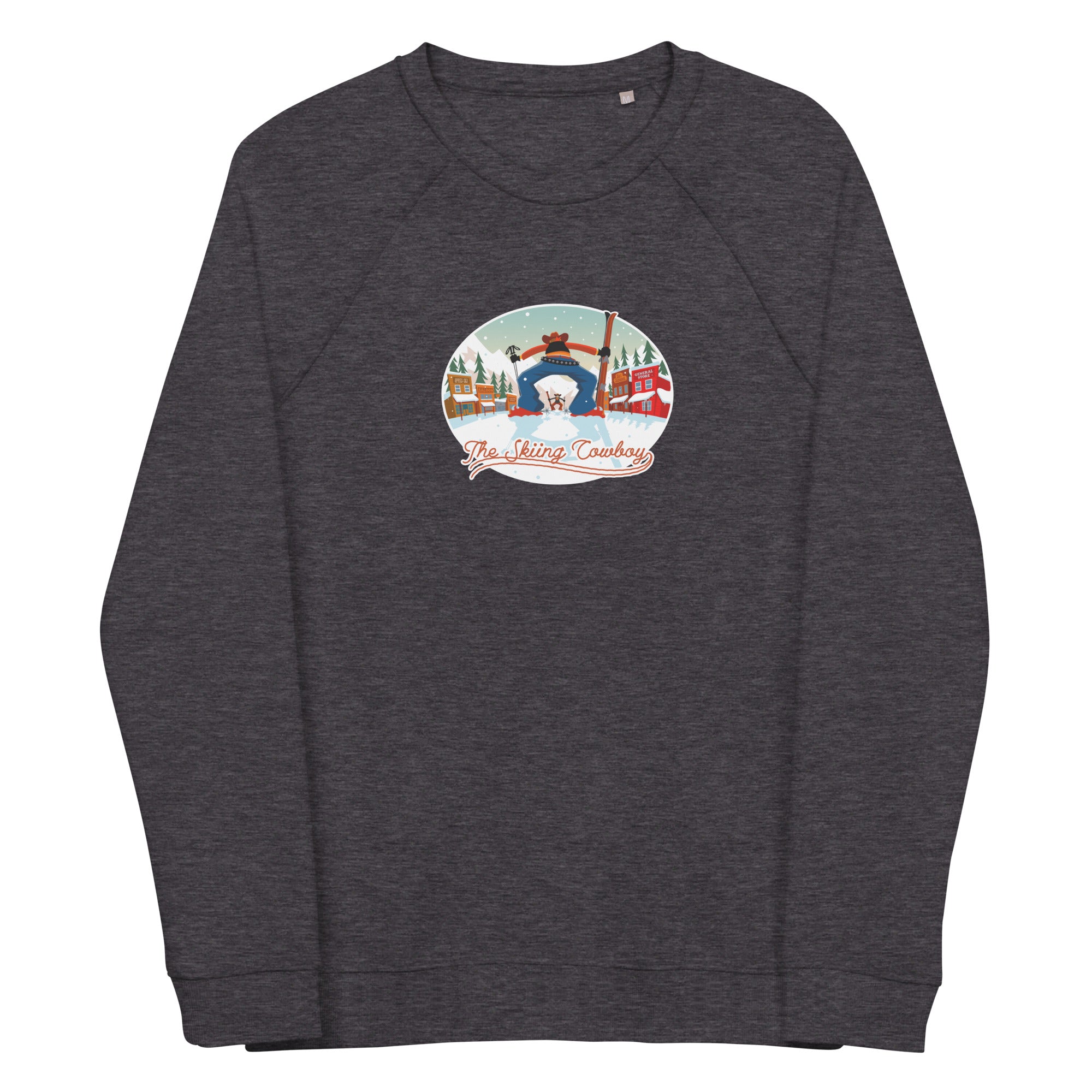 Unisex organic raglan sweatshirt Ski Fight at OK Corral (front & back)