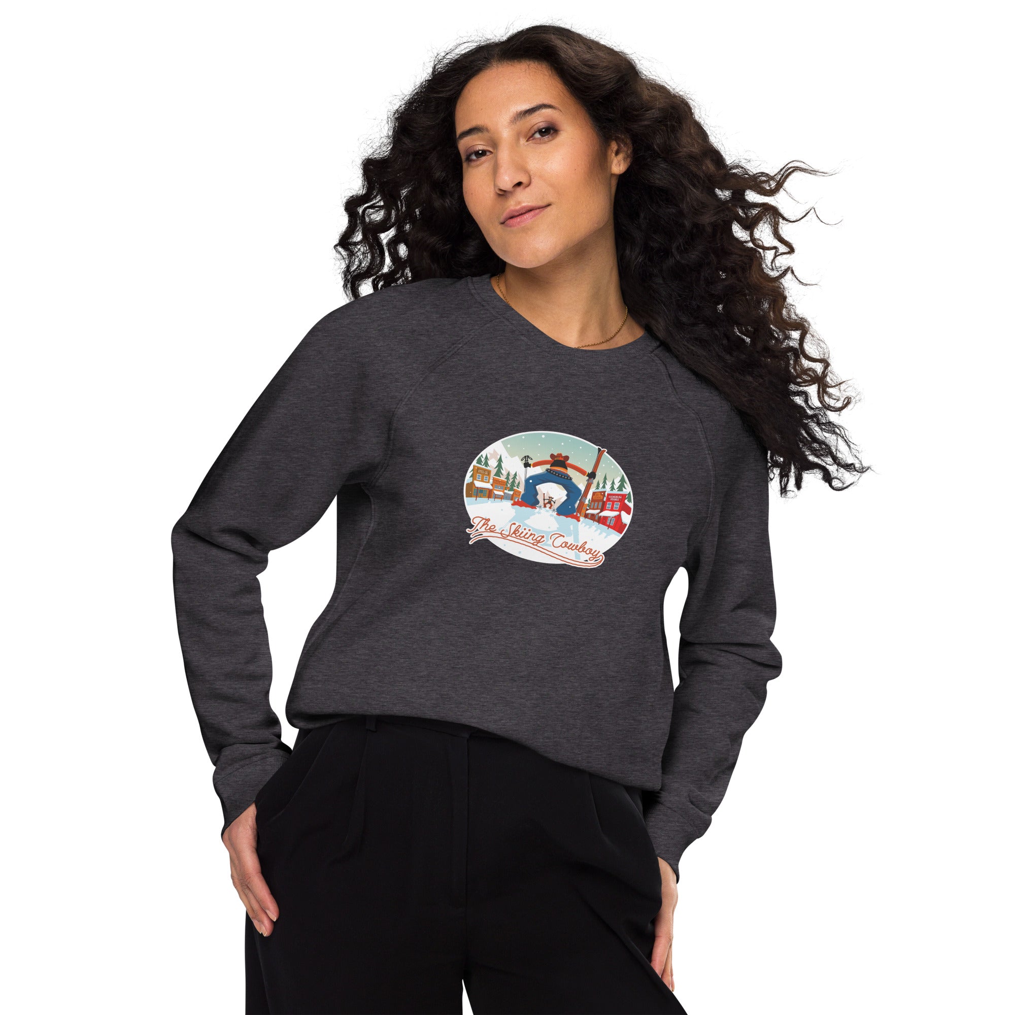 Unisex organic raglan sweatshirt Ski Fight at OK Corral (front & back)