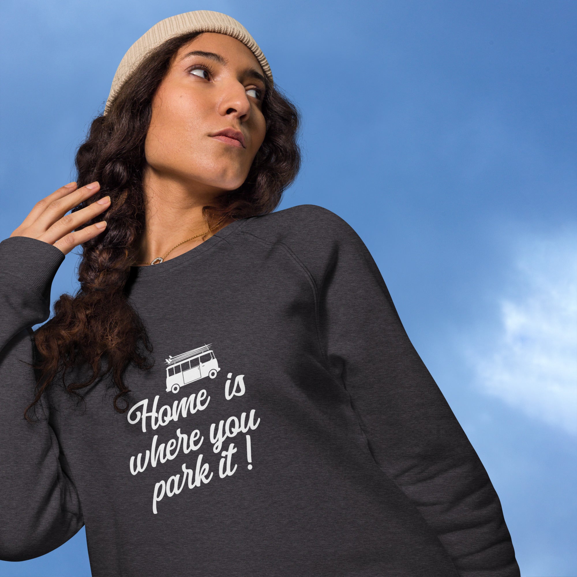 Sweatshirt écologique raglan unisexe White Surf Combi Home is where you park it