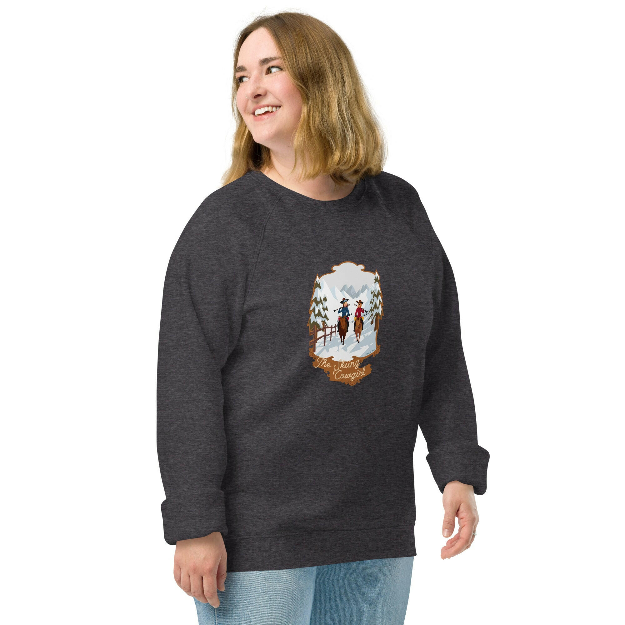 Unisex organic raglan sweatshirt The Skiing Cowgirl