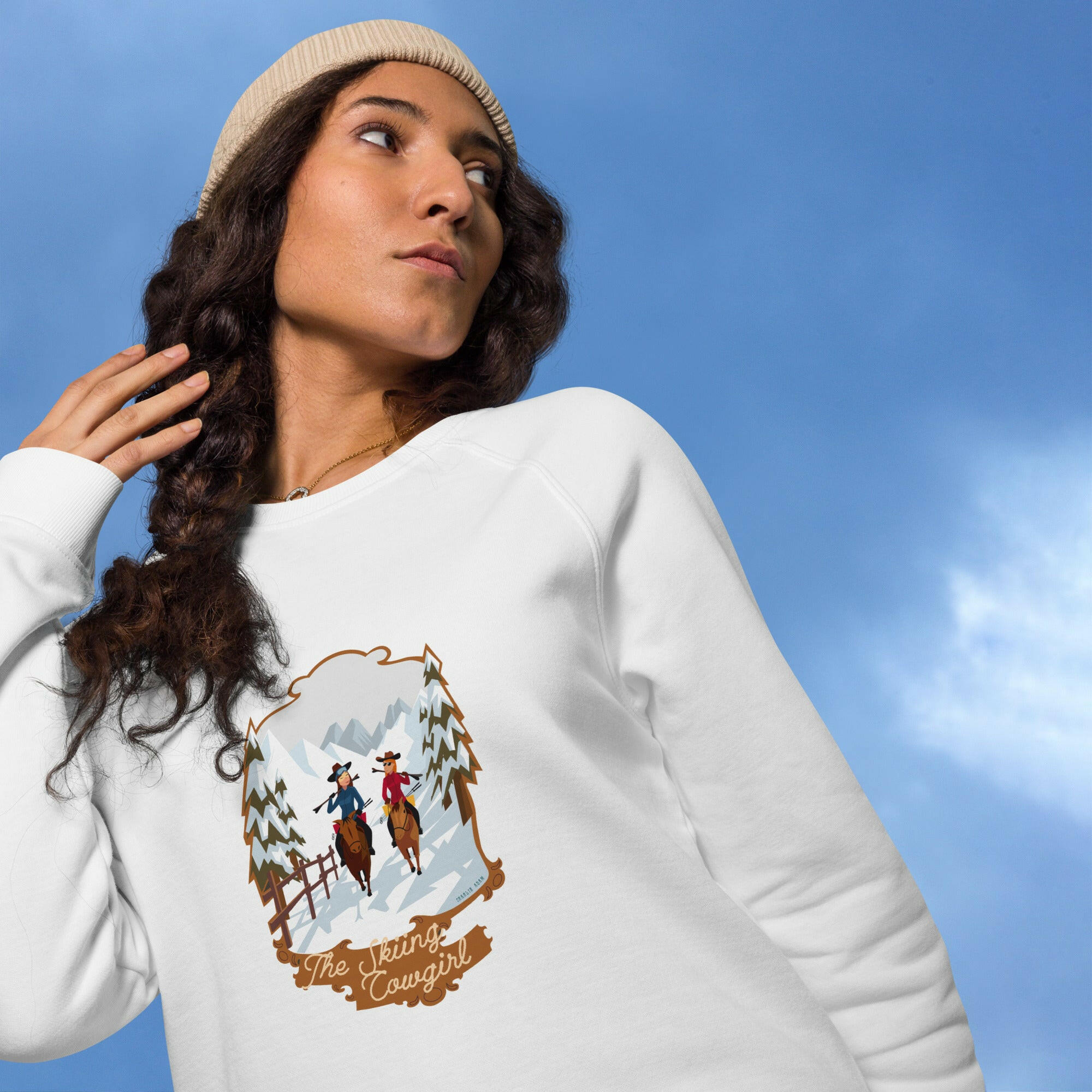 Unisex organic raglan sweatshirt The Skiing Cowgirl