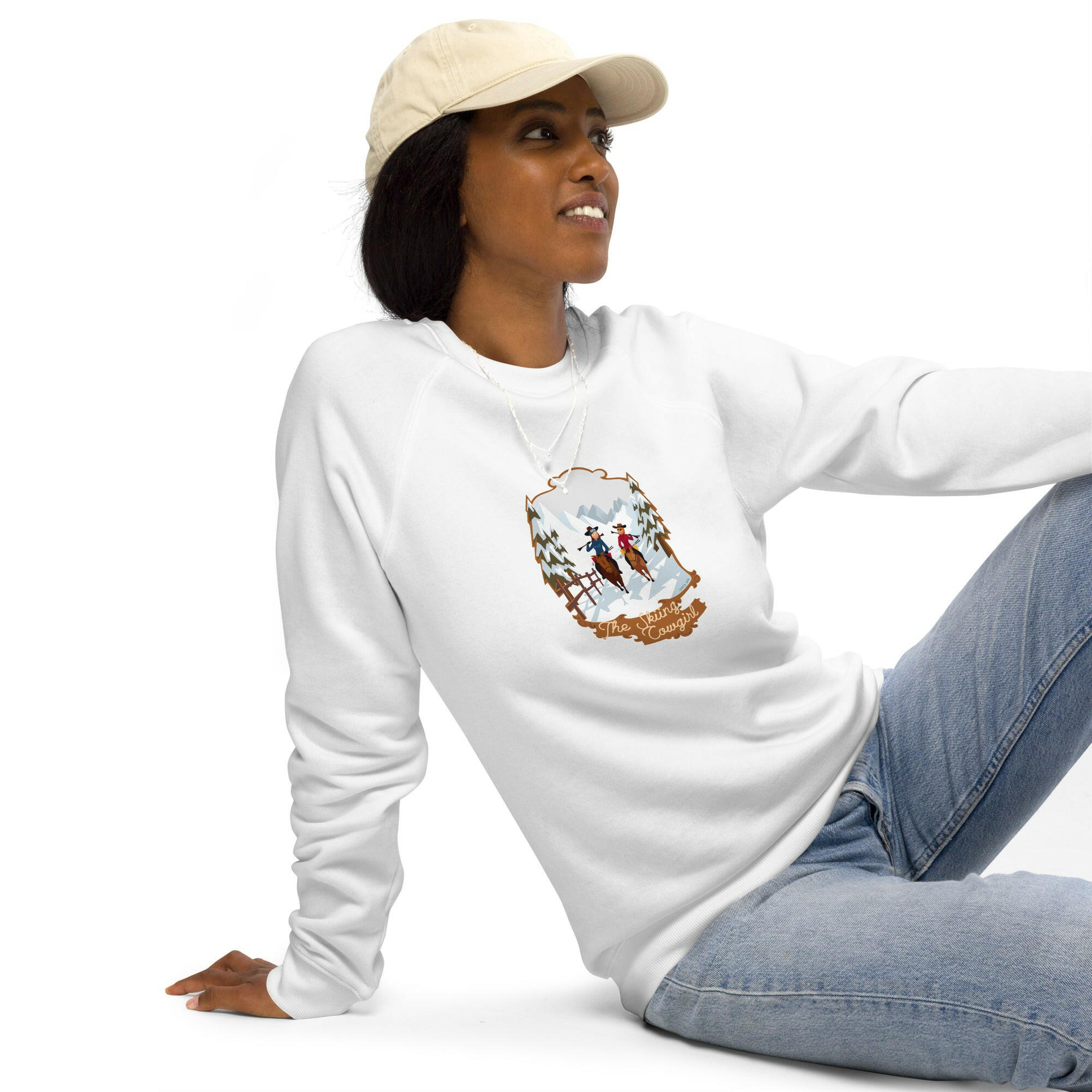 Unisex organic raglan sweatshirt The Skiing Cowgirl