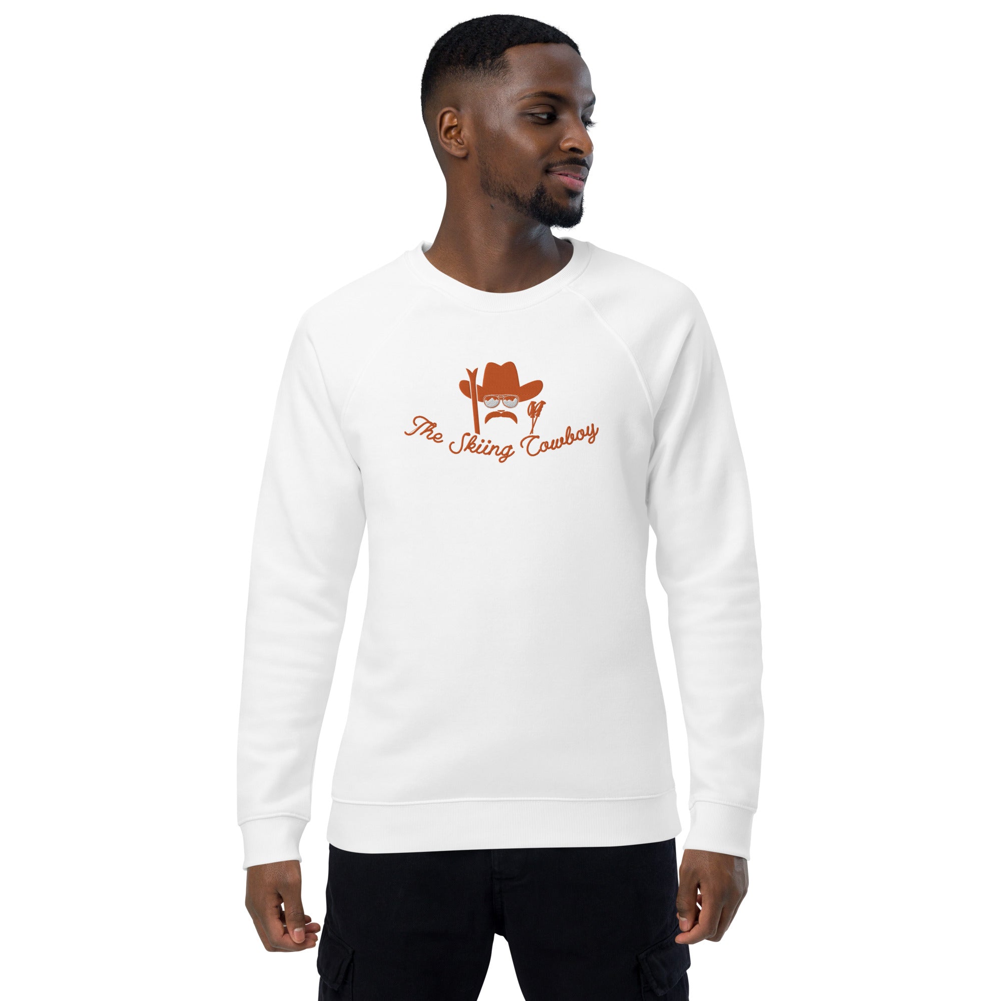 Unisex organic raglan sweatshirt Skiing Cowboy large embroidered pattern & Ski Fight at OK Corral Outline (dos)