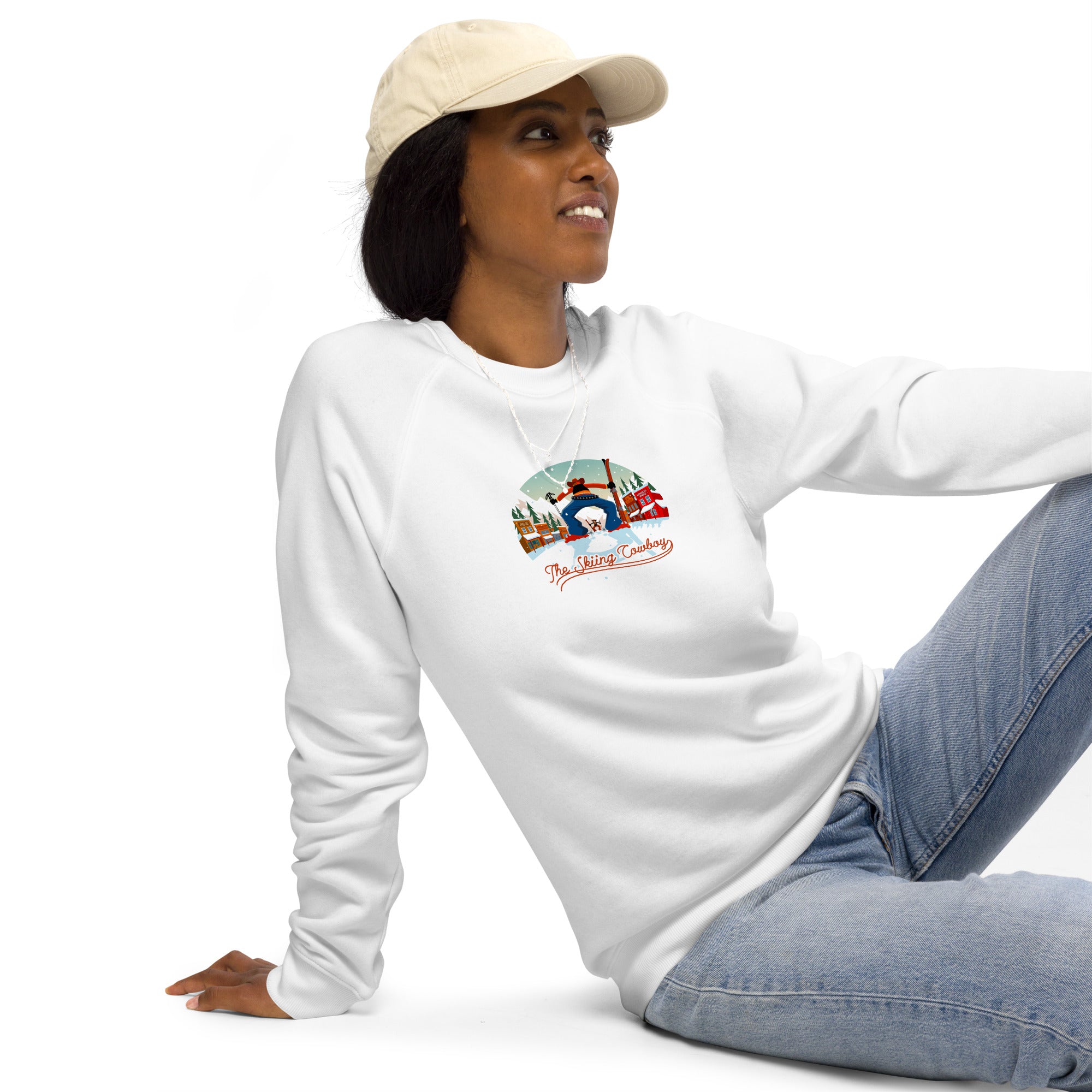 Unisex organic raglan sweatshirt Ski Fight at OK Corral (front & back)