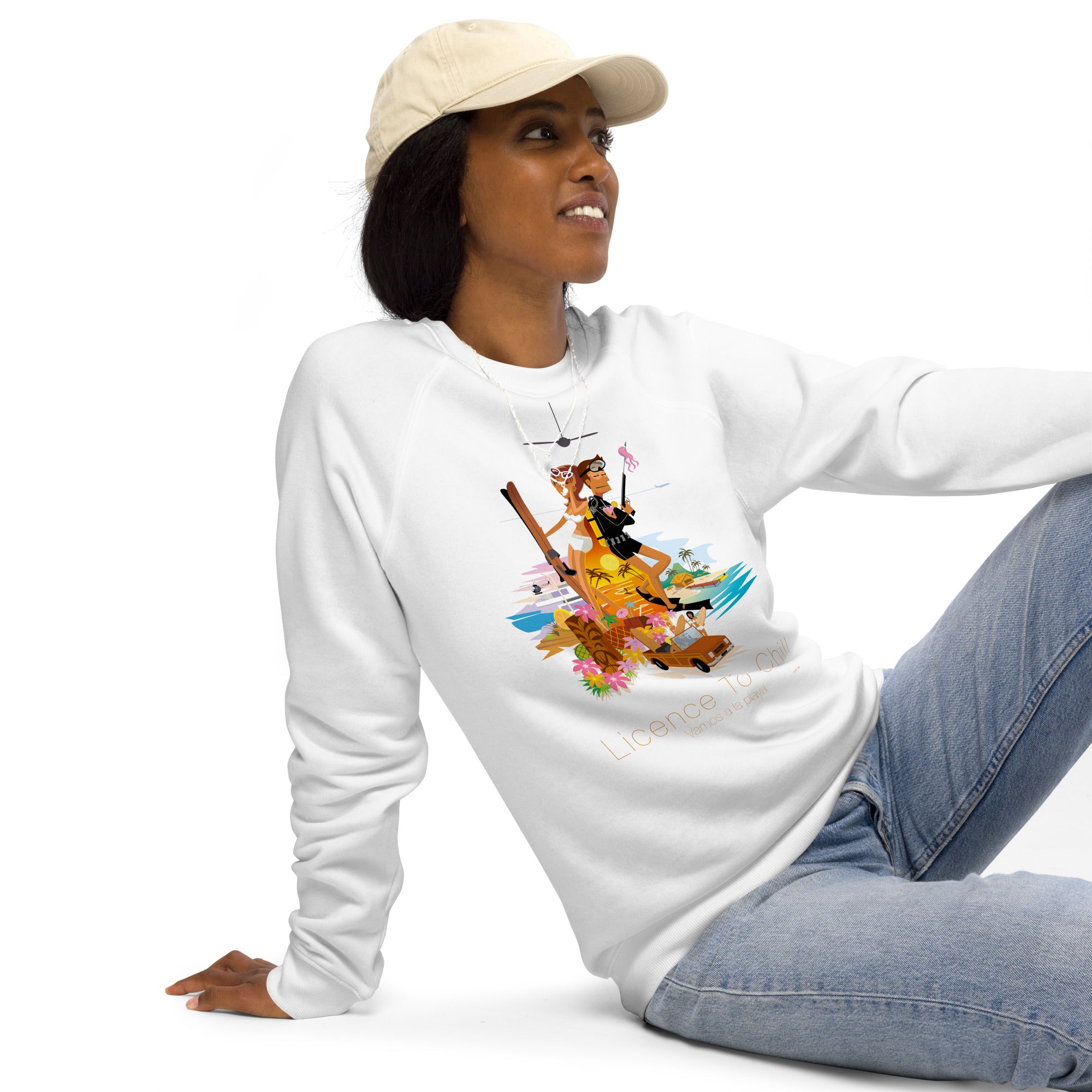 Unisex organic raglan sweatshirt License to Chill Vamos a la Playa