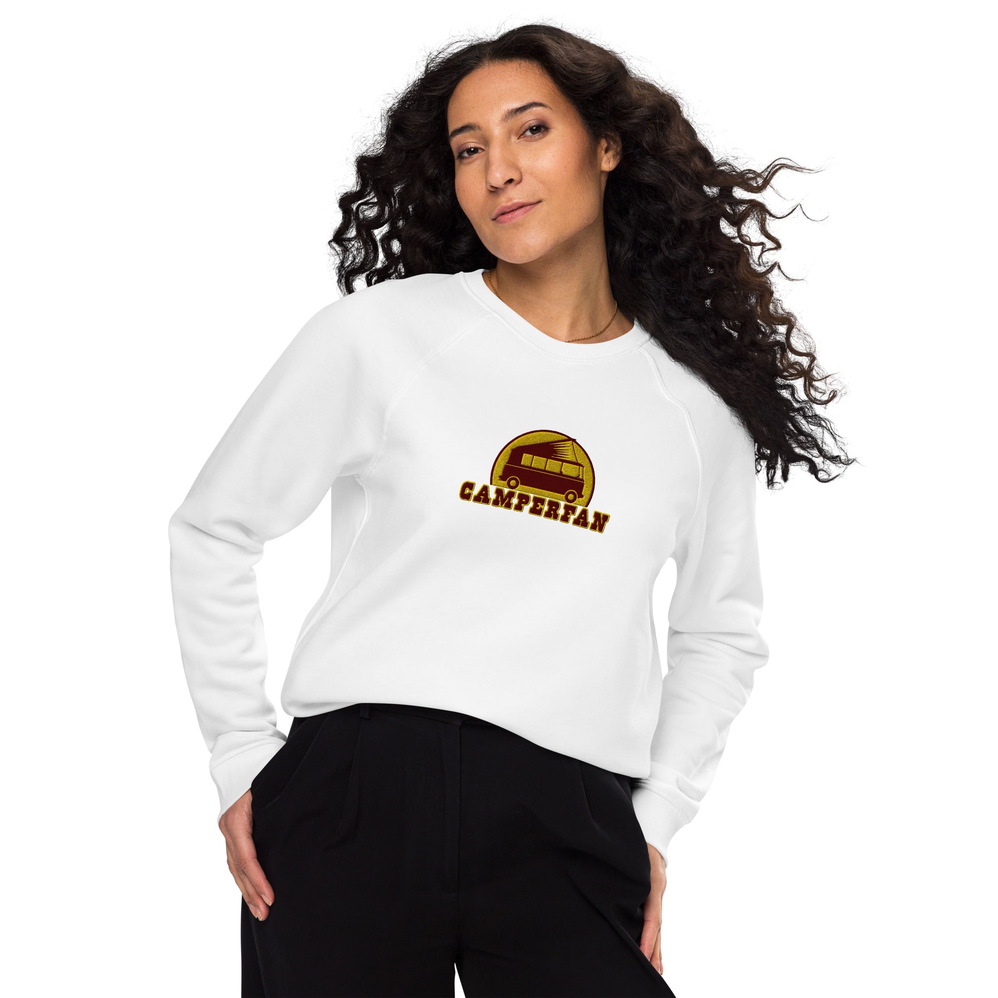 Unisex organic raglan sweatshirt Small Camperfan large brown/yellow embroidered pattern