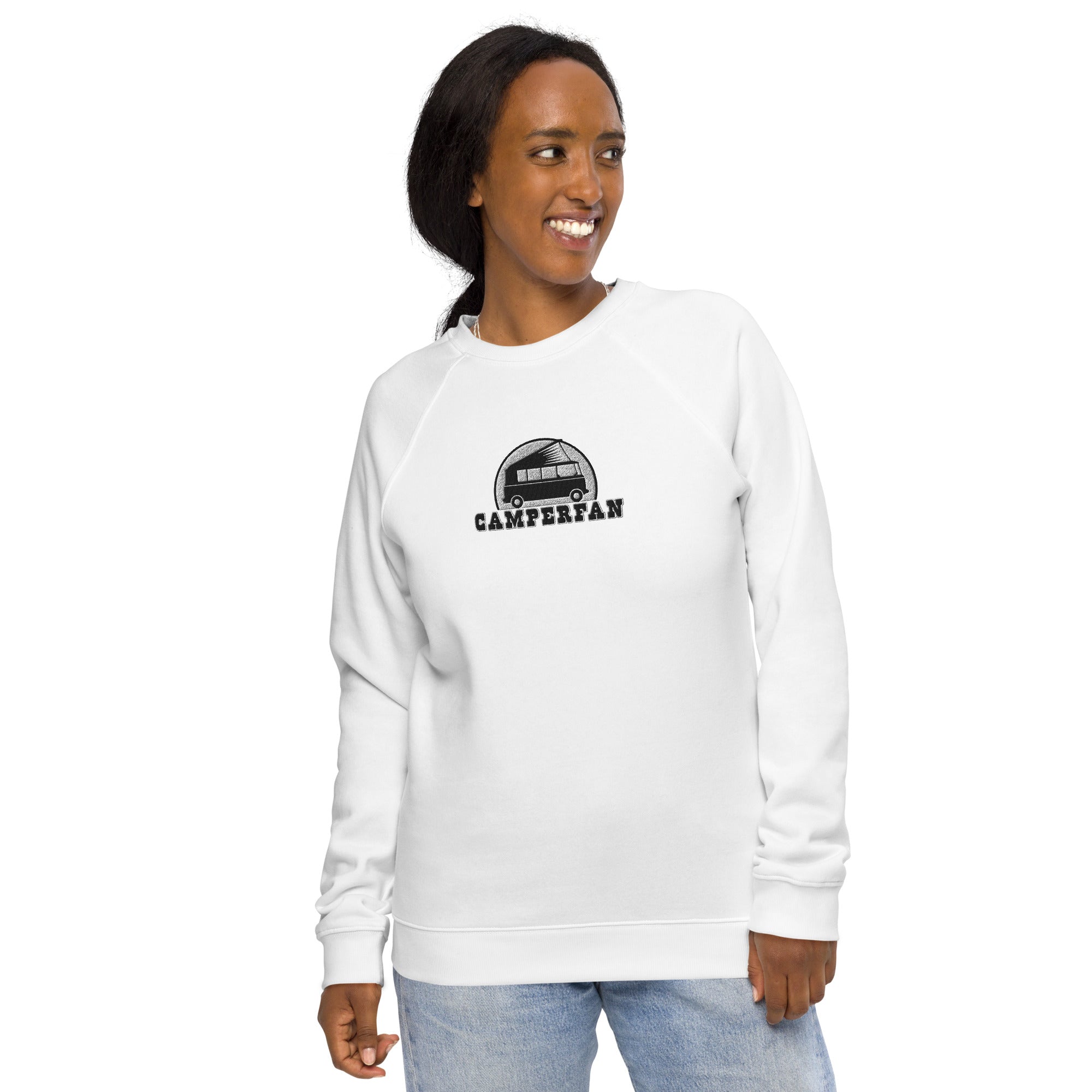 Unisex organic raglan sweatshirt Small Camperfan large black/white embroidered pattern