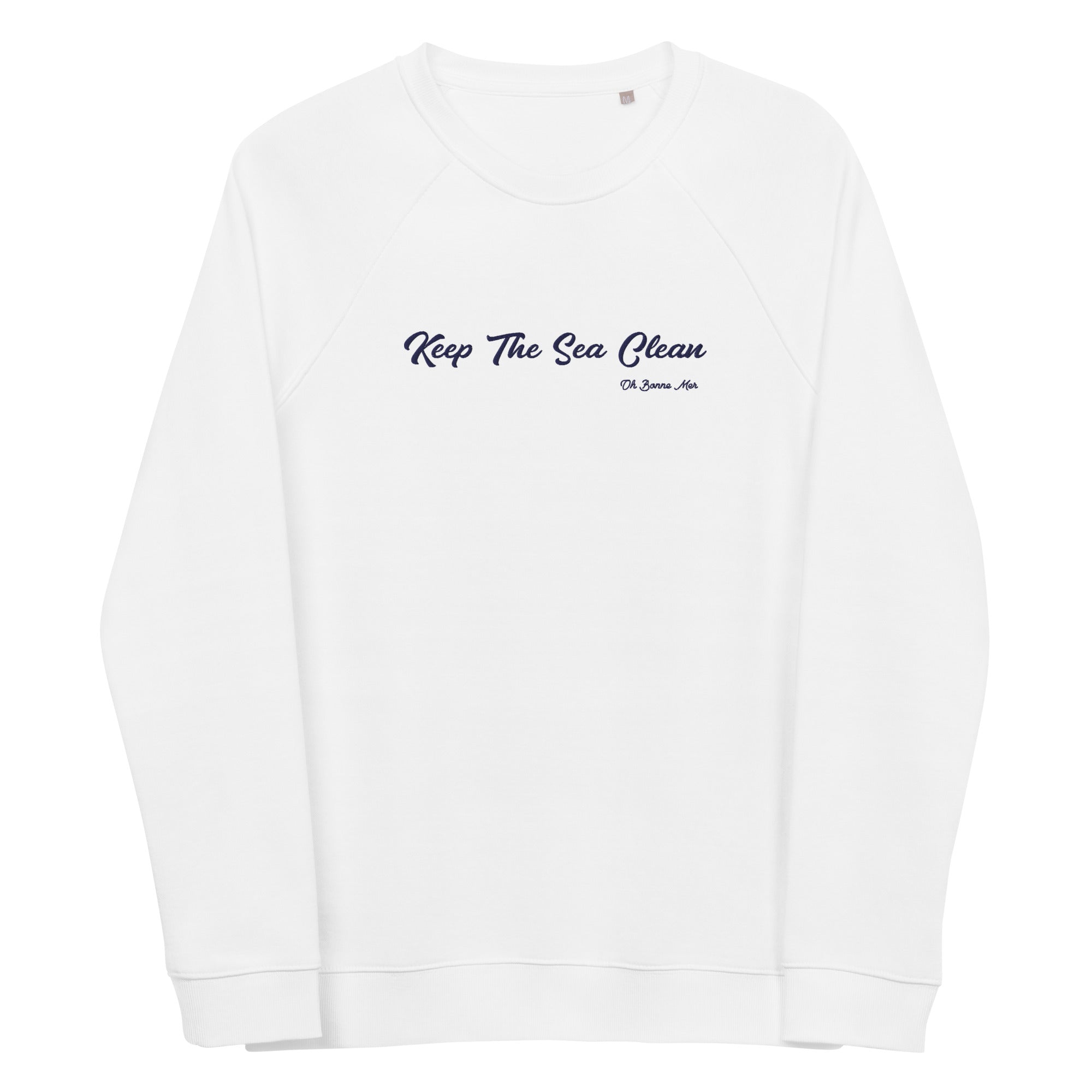 Unisex organic raglan sweatshirt Keep The Sea Clean large navy embroidered pattern