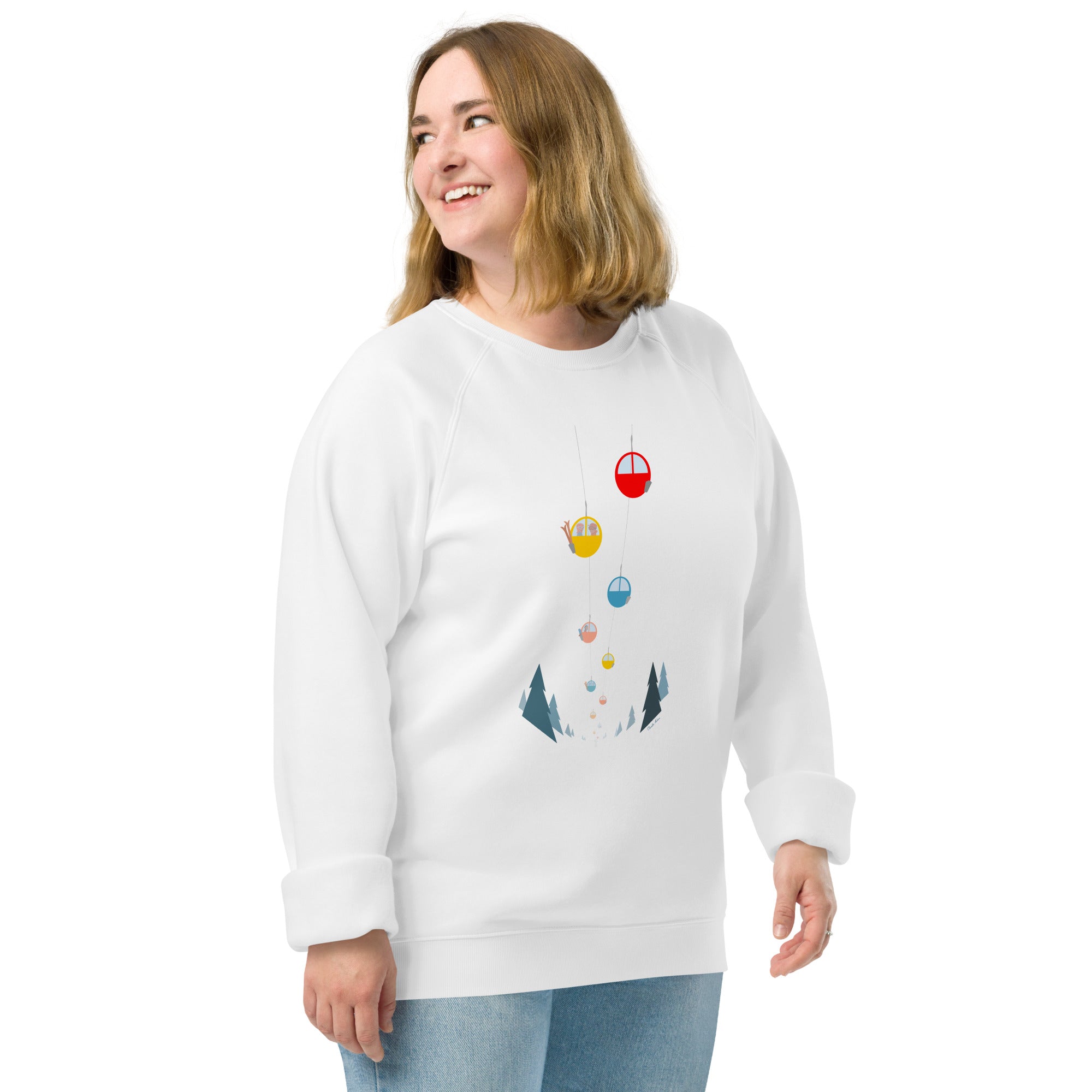 Unisex organic raglan sweatshirt Gondolas in the mist