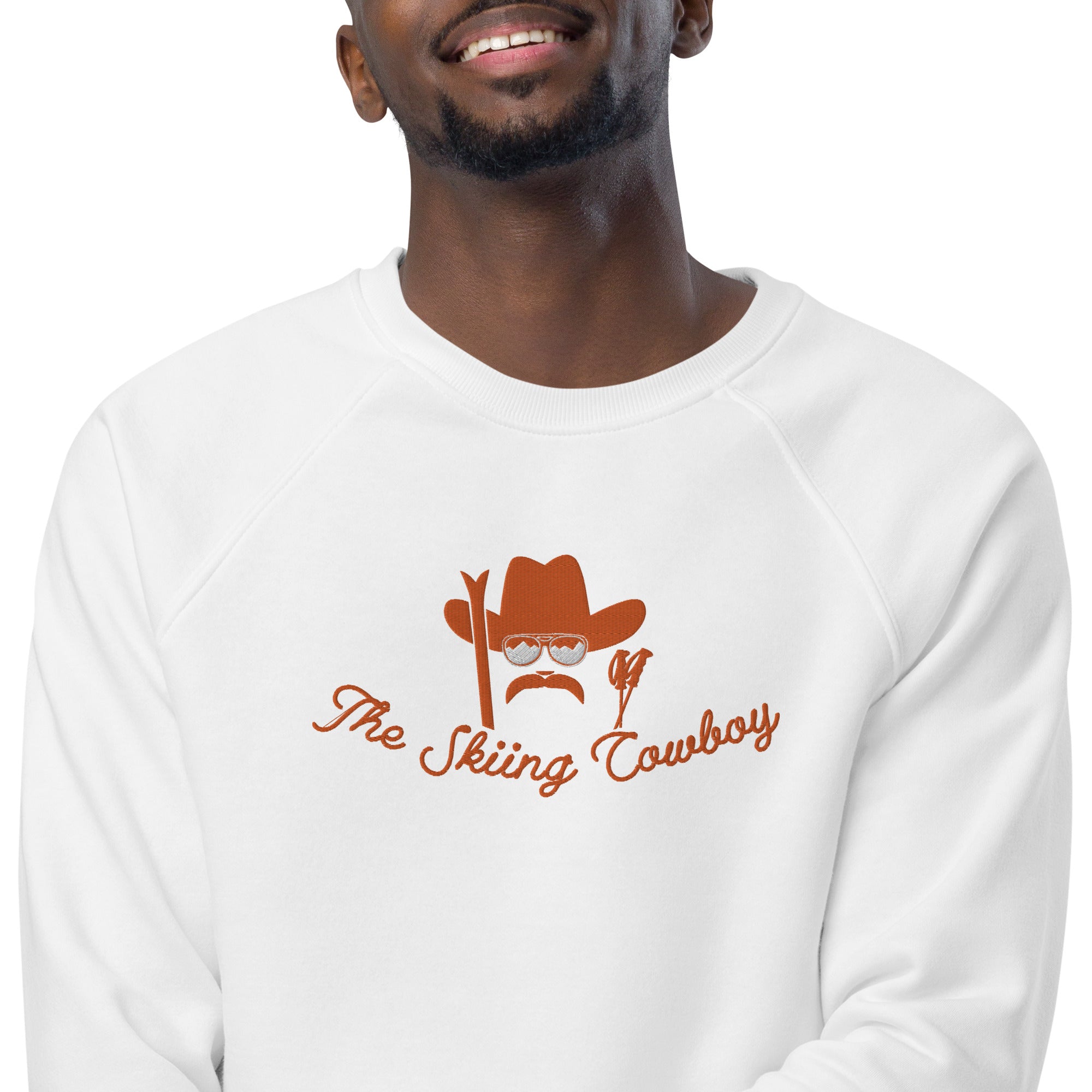 Unisex organic raglan sweatshirt Skiing Cowboy large embroidered pattern & Ski Fight at OK Corral Outline (dos)