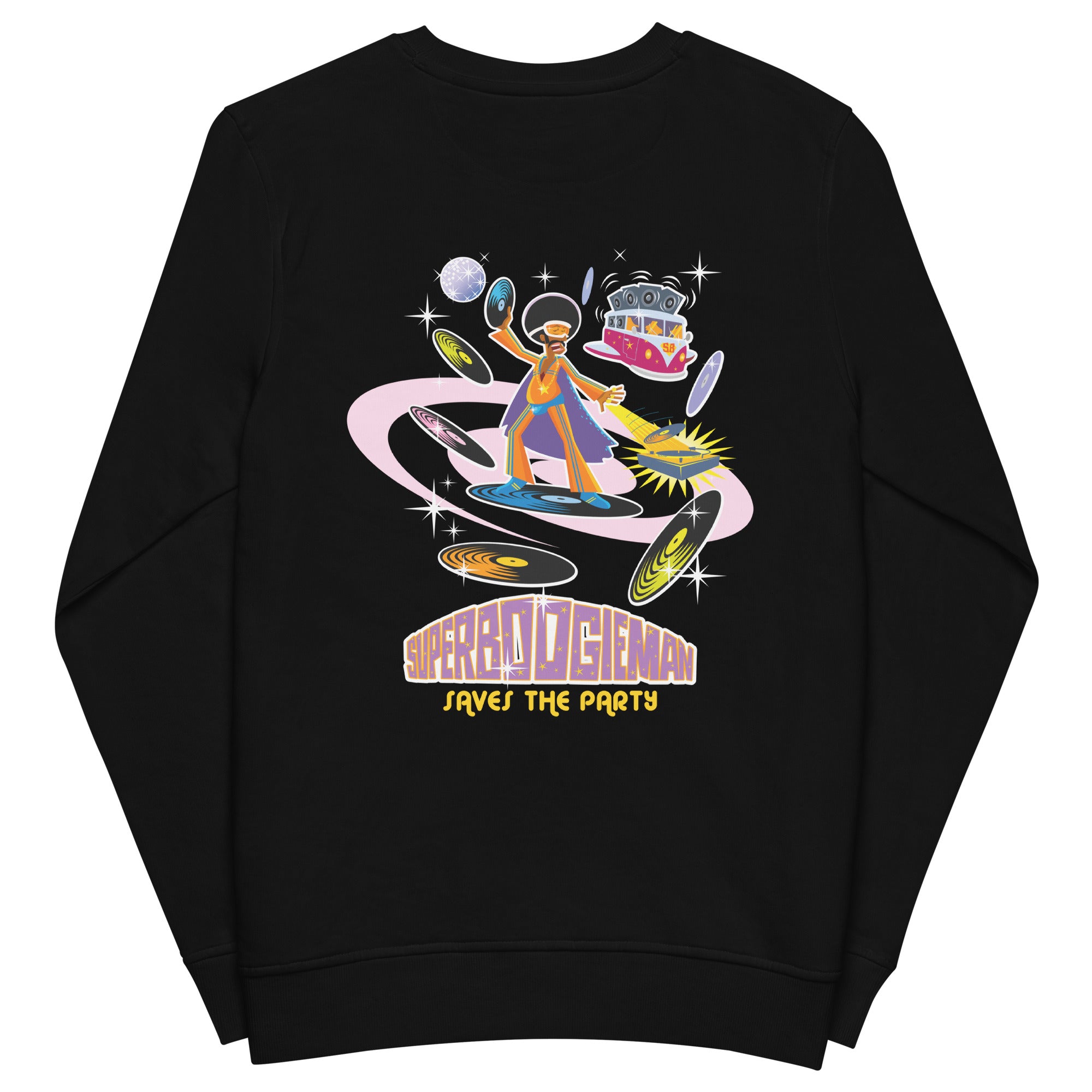 Unisex organic sweatshirt Superboogieman Saves the Party (front & back)