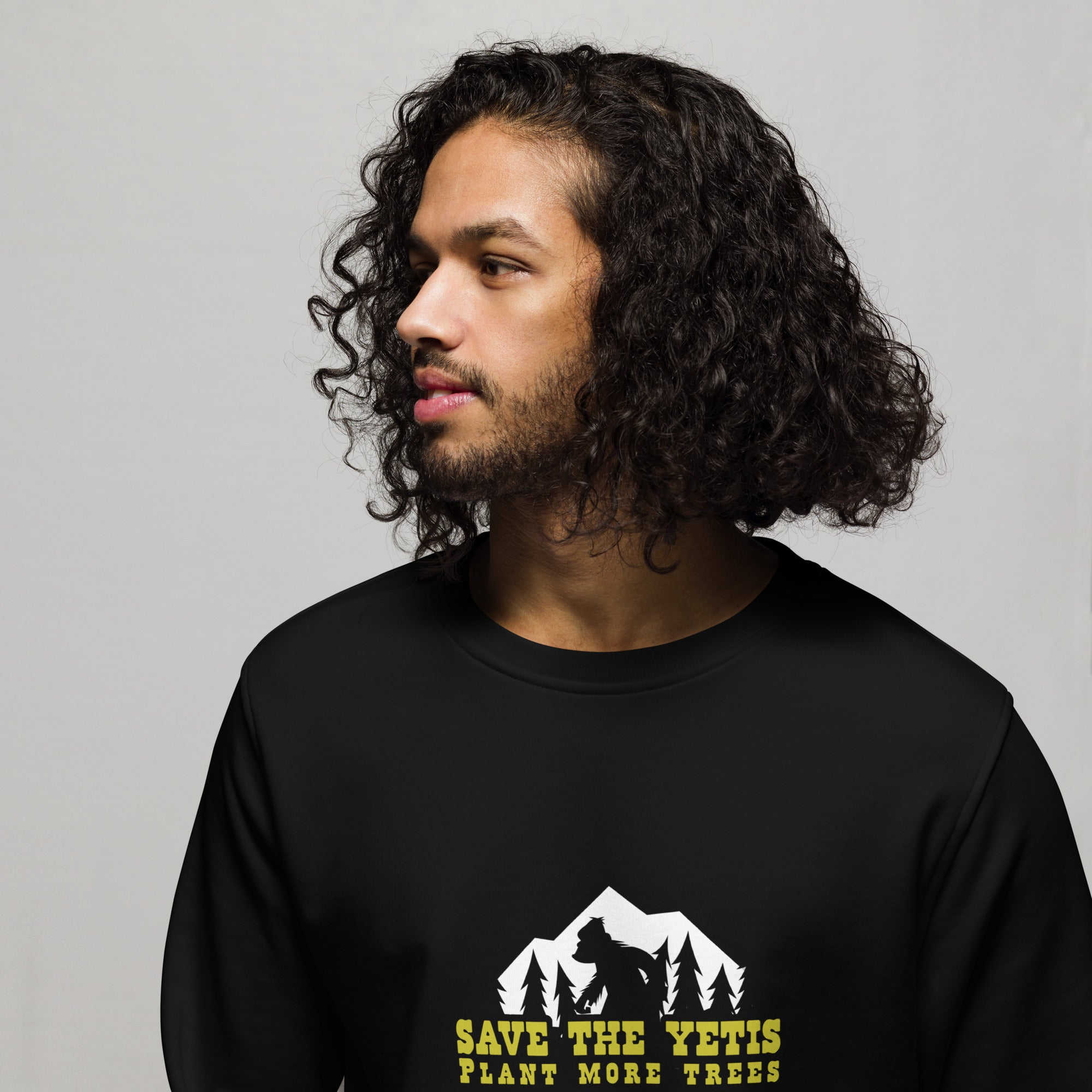 Unisex organic sweatshirt Save the Yetis, Plant more Trees (front & back)