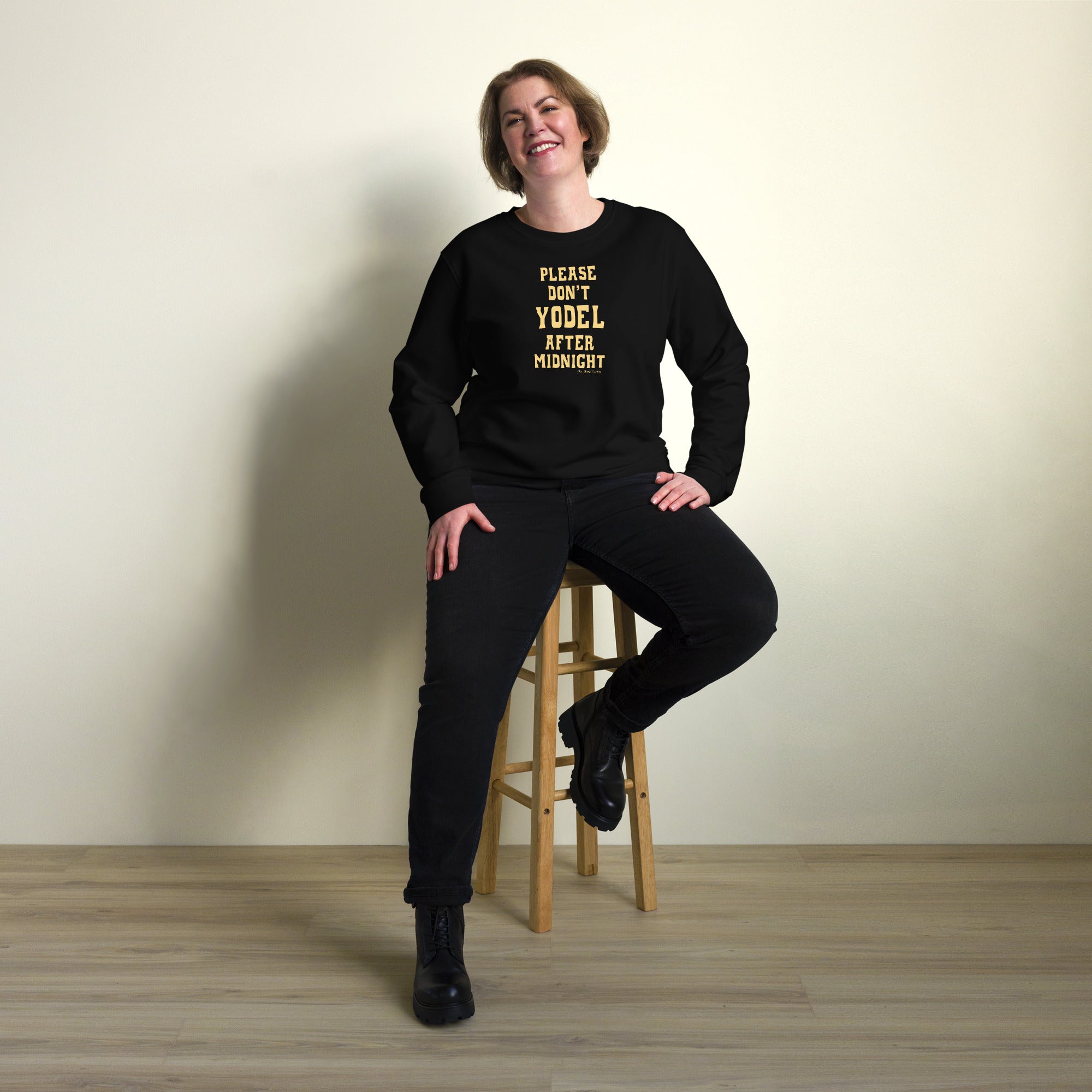 Unisex organic sweatshirt Don't Yodel After Midnight light text