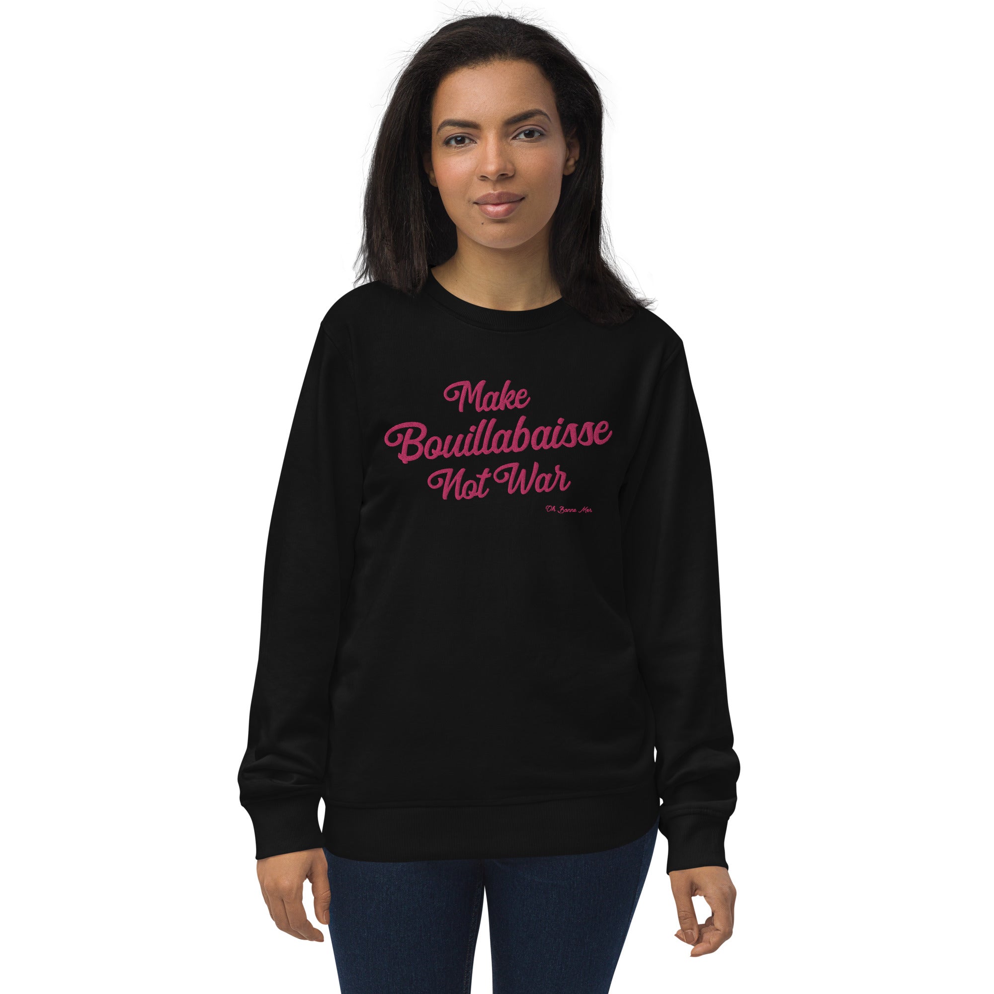 Sweat écologique unisexe Make Bouillabaisse Not War grand motif flamingo brodé