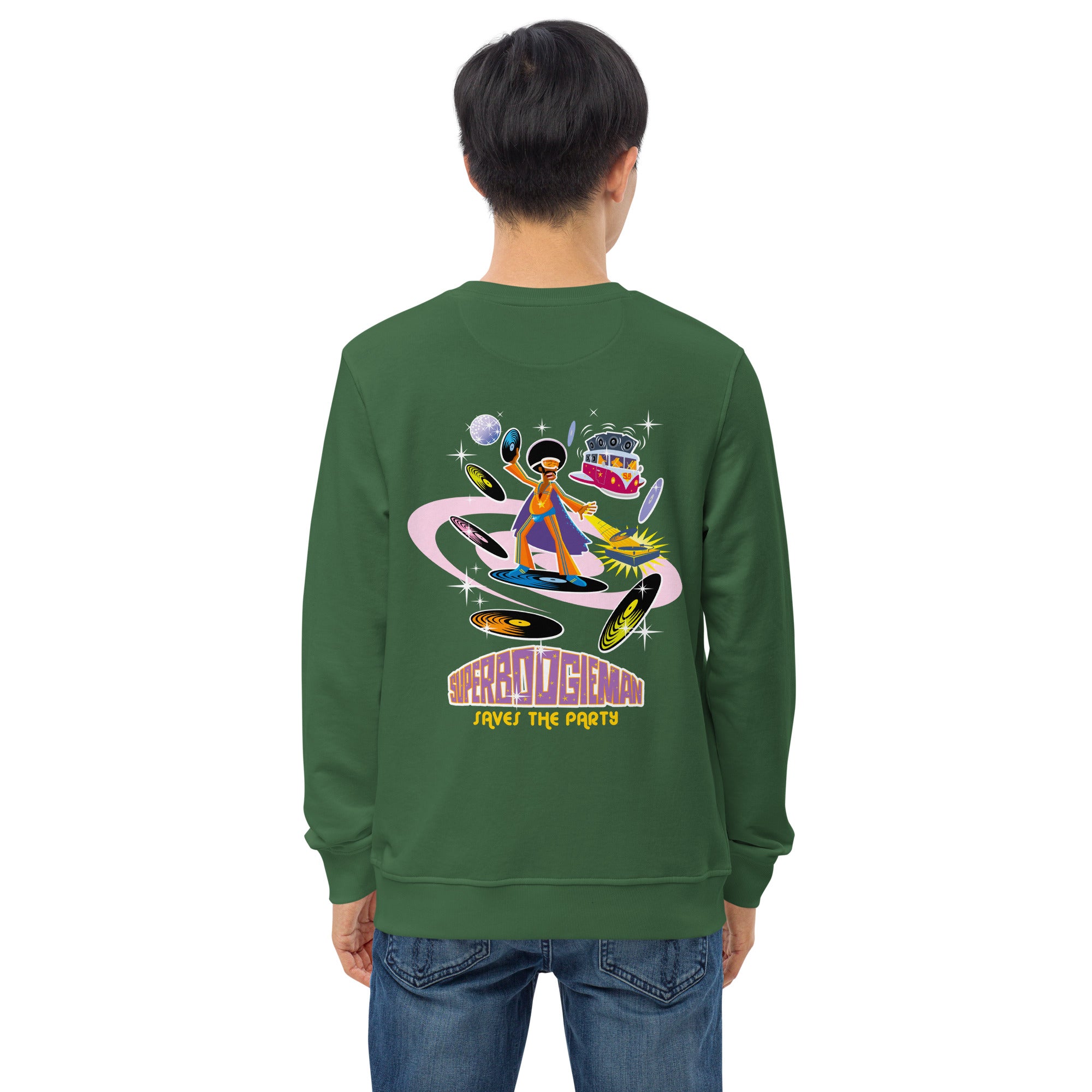 Unisex organic sweatshirt Superboogieman Saves the Party (front & back)