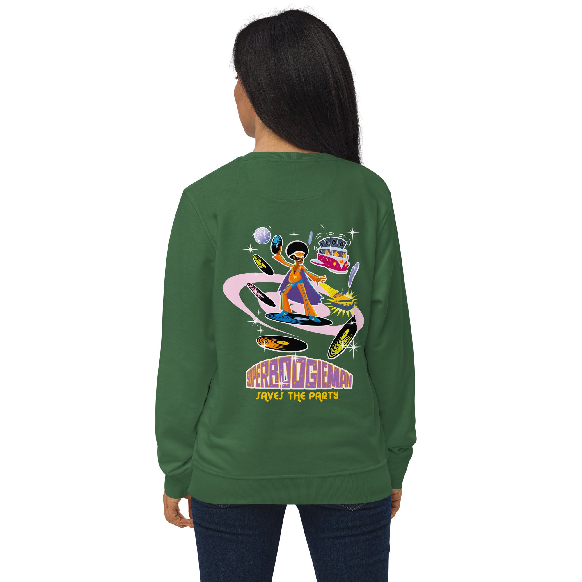 Unisex organic sweatshirt Superboogieman Saves the Party (front & back)