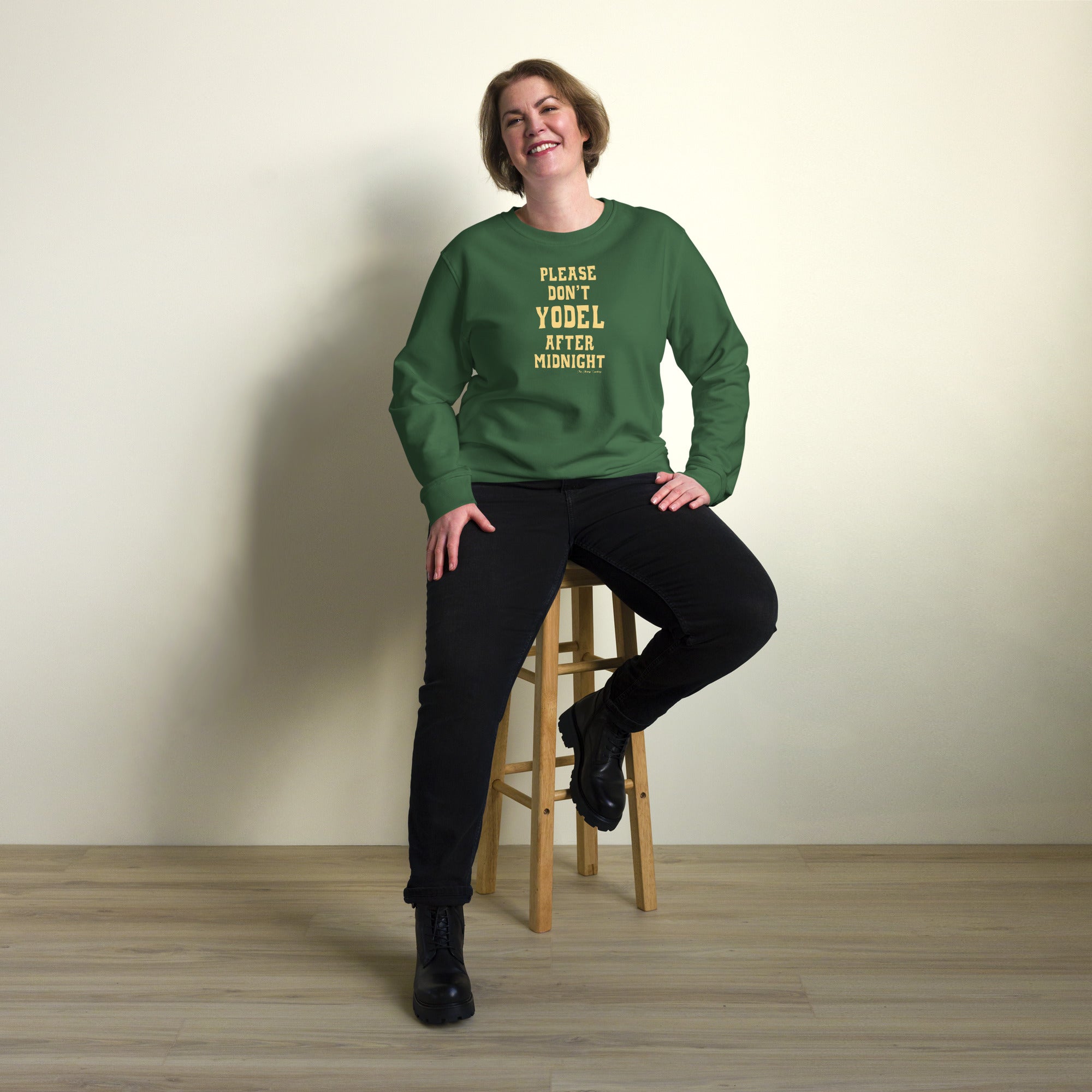 Unisex organic sweatshirt Don't Yodel After Midnight light text