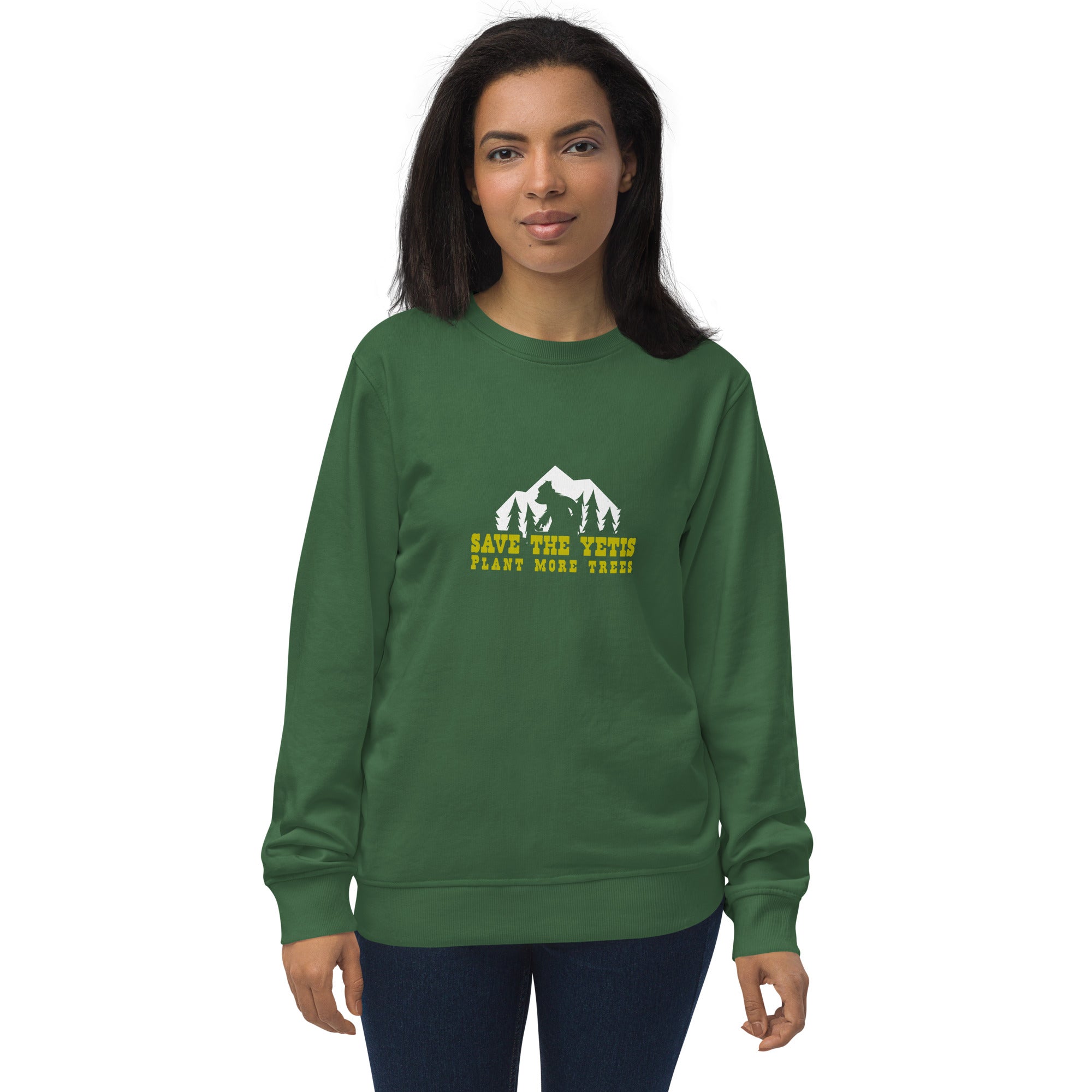 Unisex organic sweatshirt Save the Yetis, Plant more Trees (front & back)