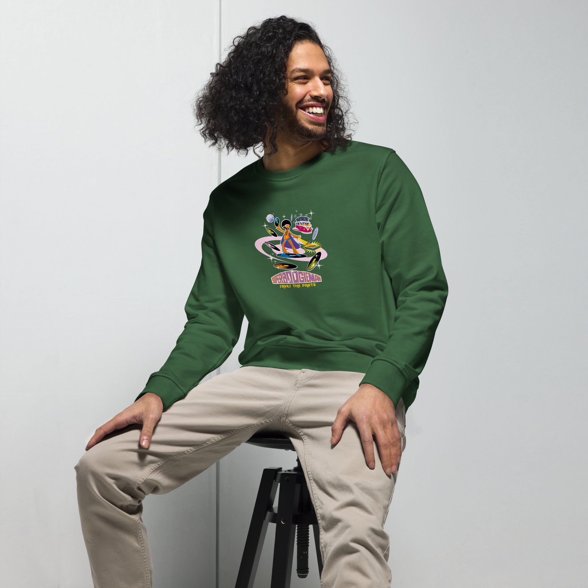 Unisex organic sweatshirt Superboogieman Saves the Party (front & back)