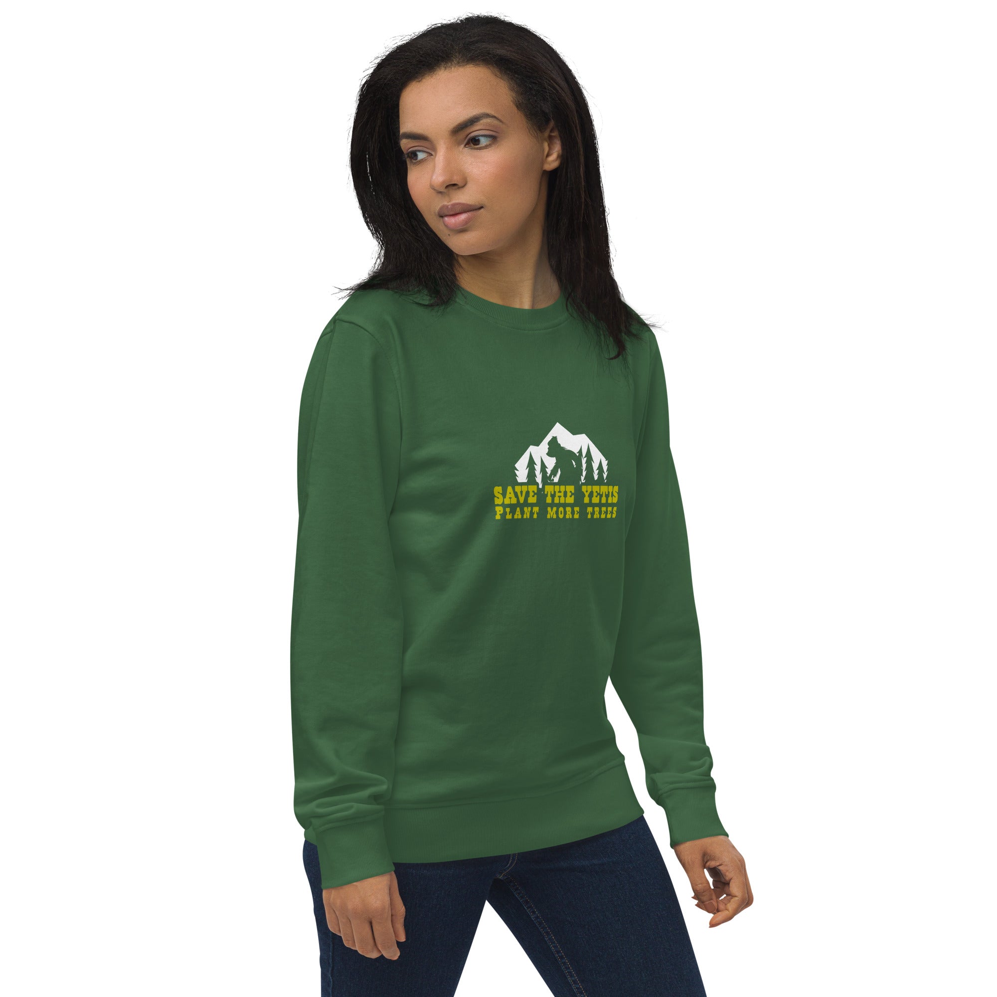 Unisex organic sweatshirt Save the Yetis, Plant more Trees (front & back)