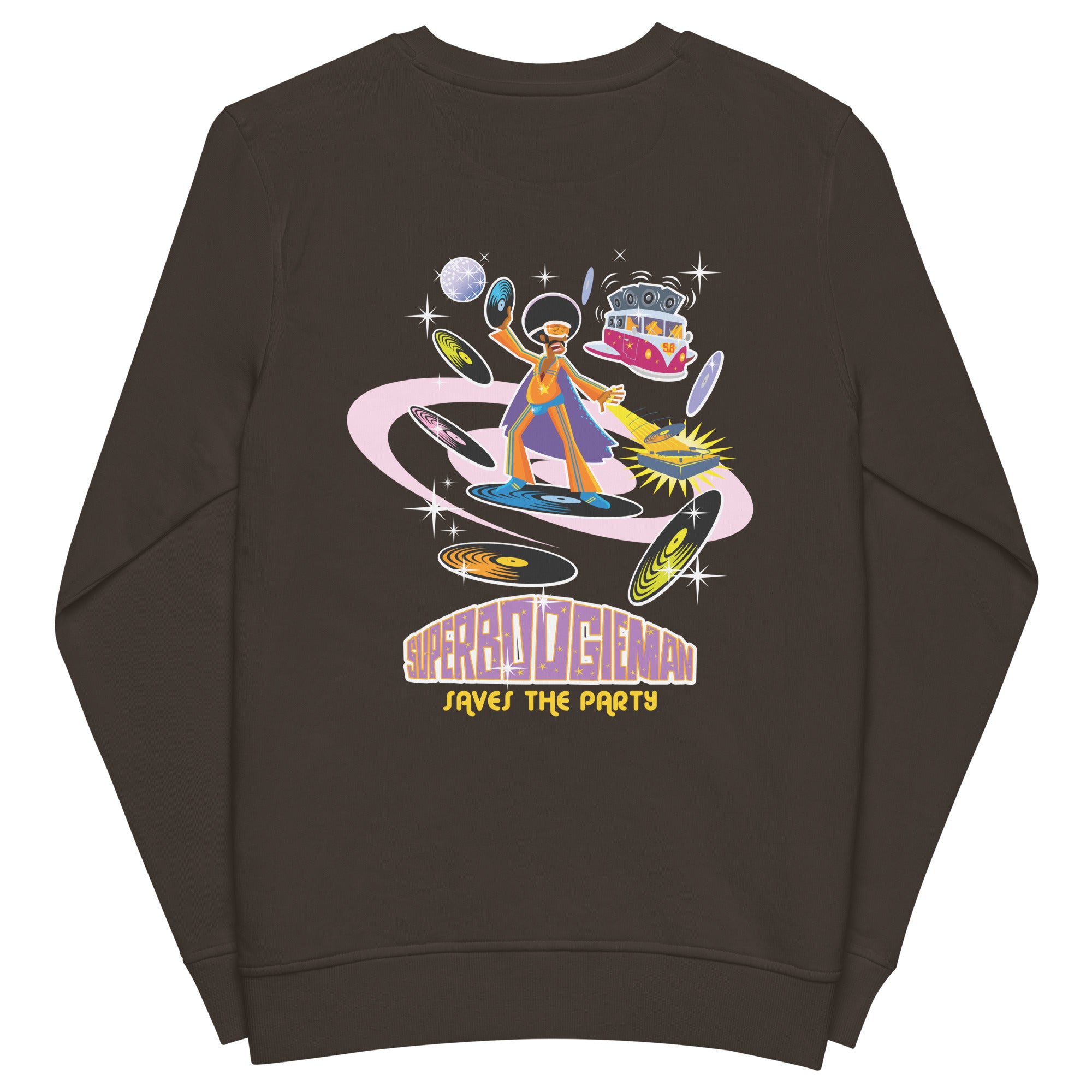 Unisex organic sweatshirt Superboogieman Saves the Party (front & back)