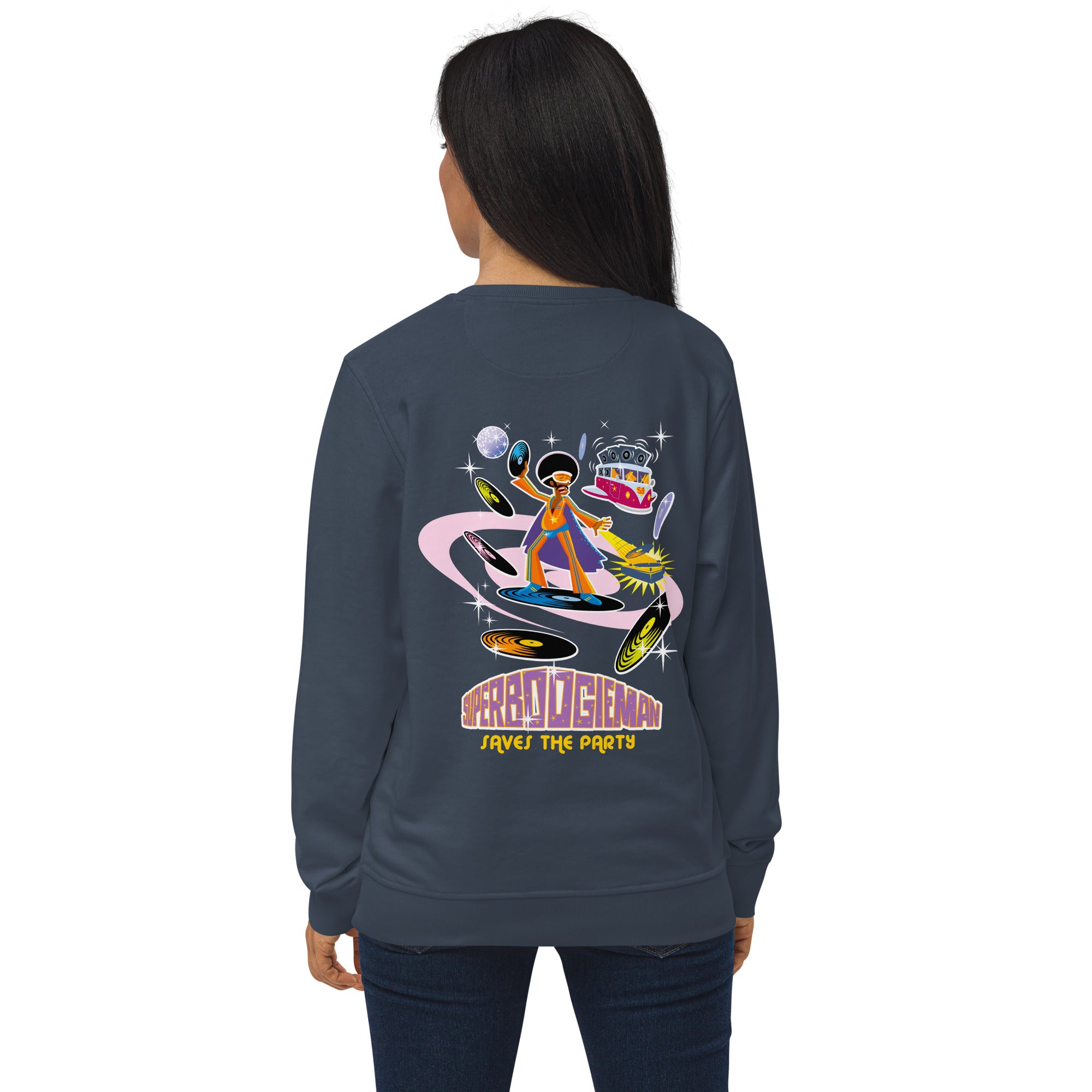 Unisex organic sweatshirt Superboogieman Saves the Party (front & back)