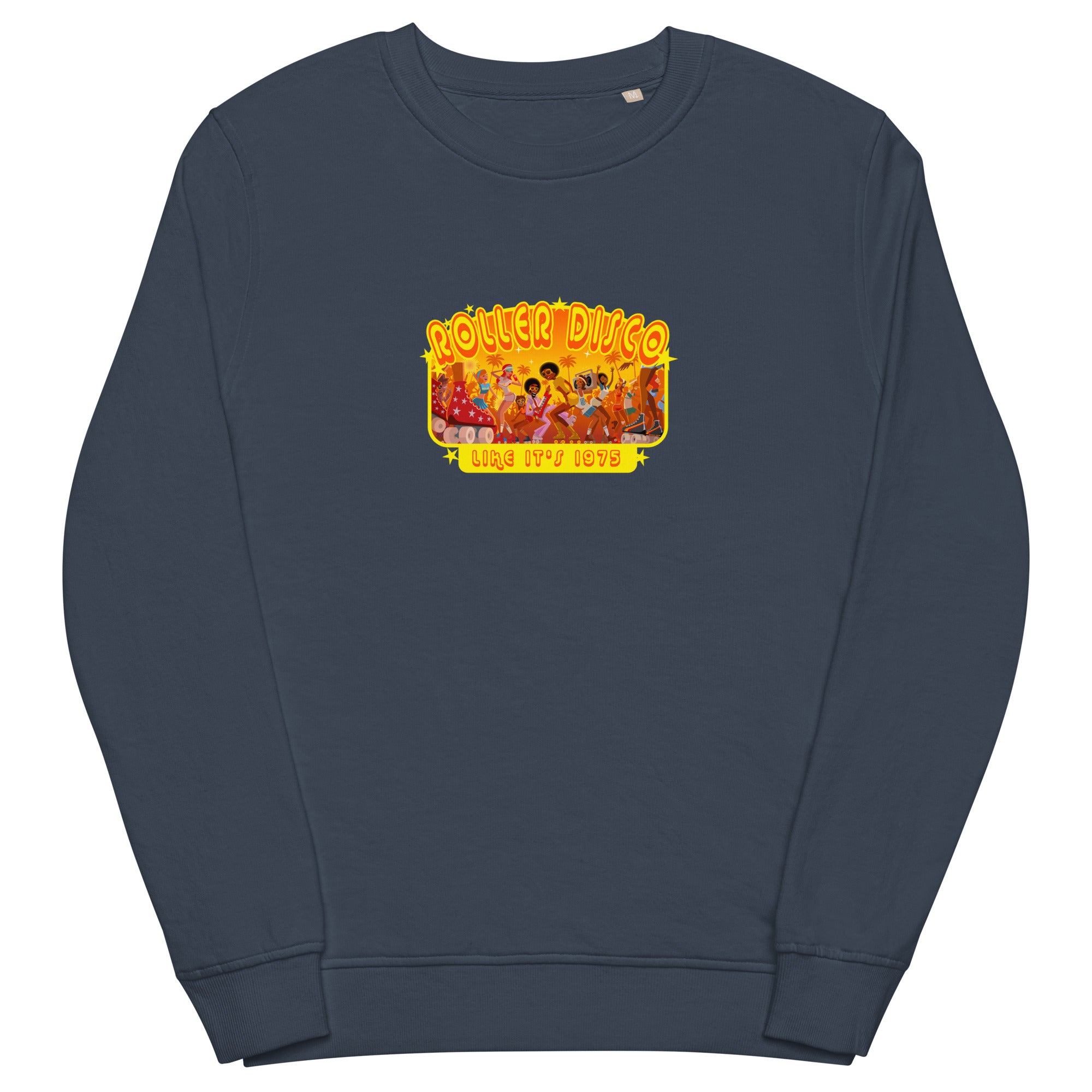 Unisex organic sweatshirt Roller Disco 1975 (front & back)