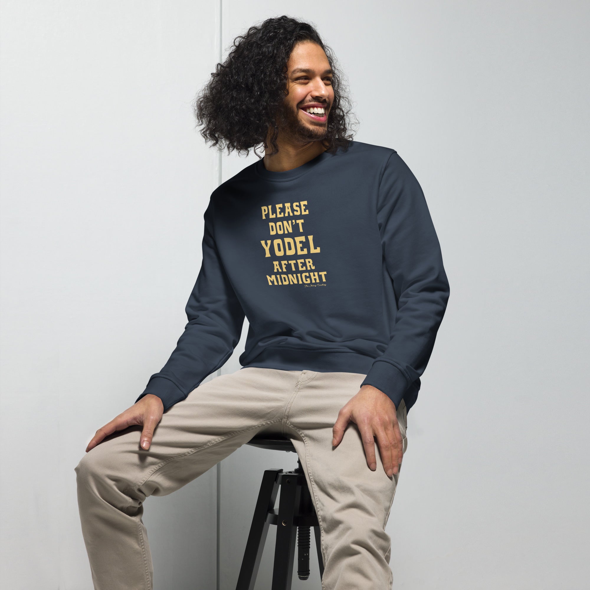 Unisex organic sweatshirt Don't Yodel After Midnight light text