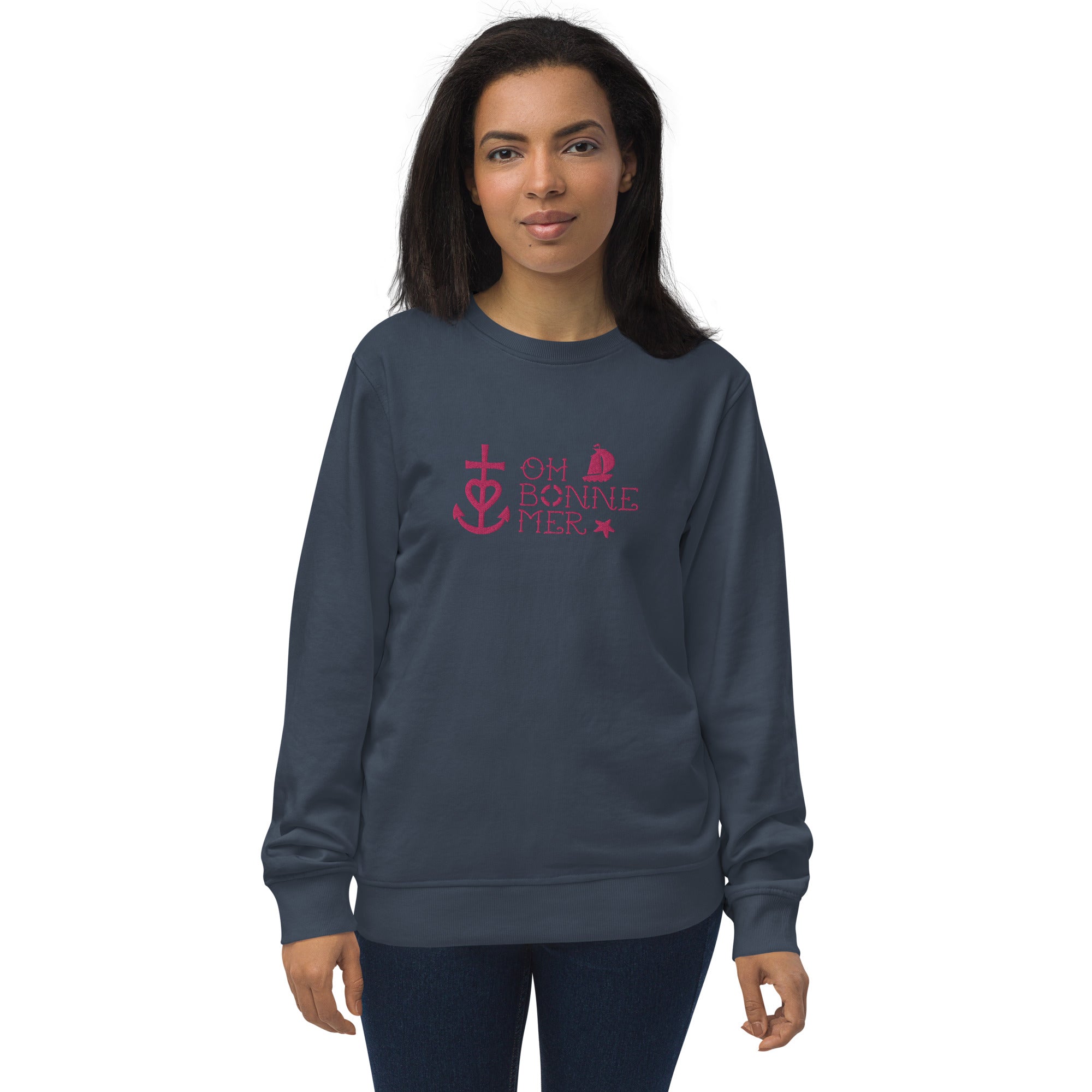 Unisex organic sweatshirt Oh Bonne Mer 2 flamingo embroidered pattern