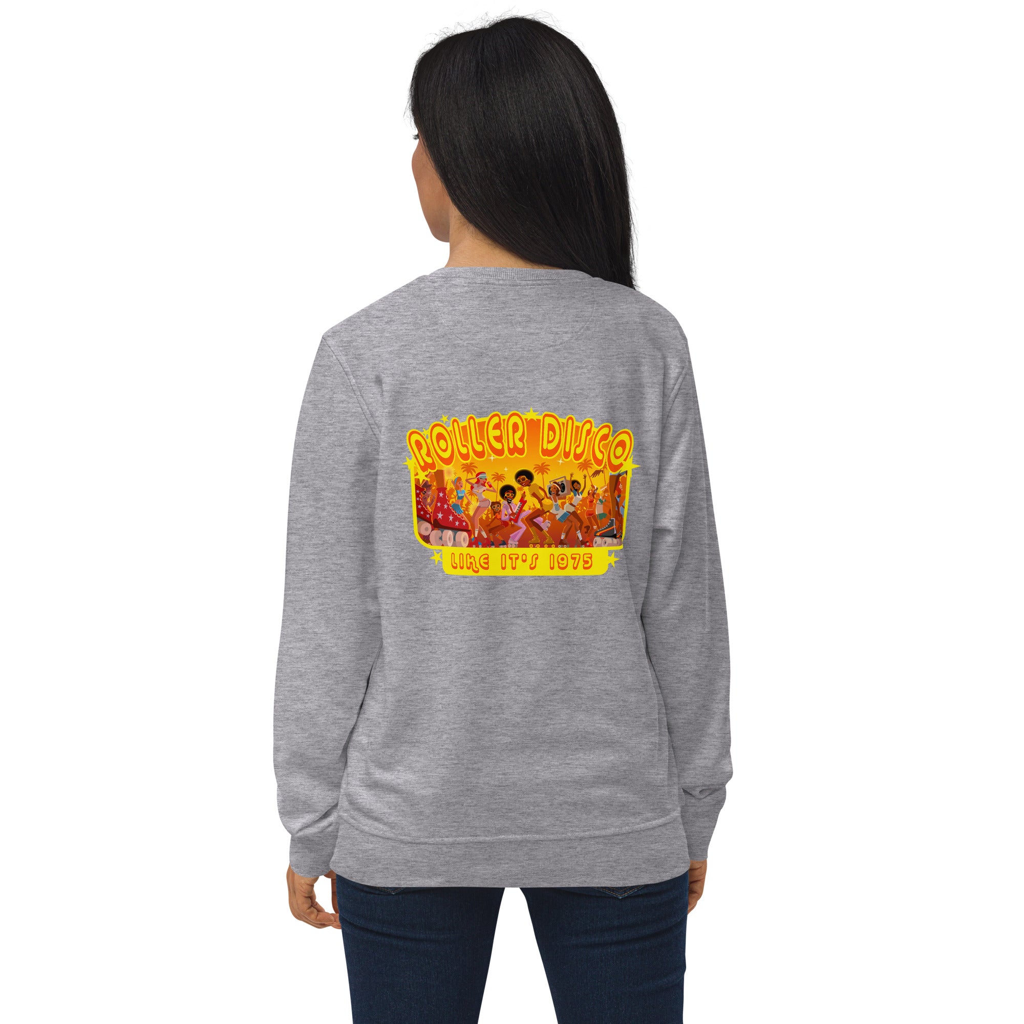 Unisex organic sweatshirt Roller Disco 1975 (front & back)