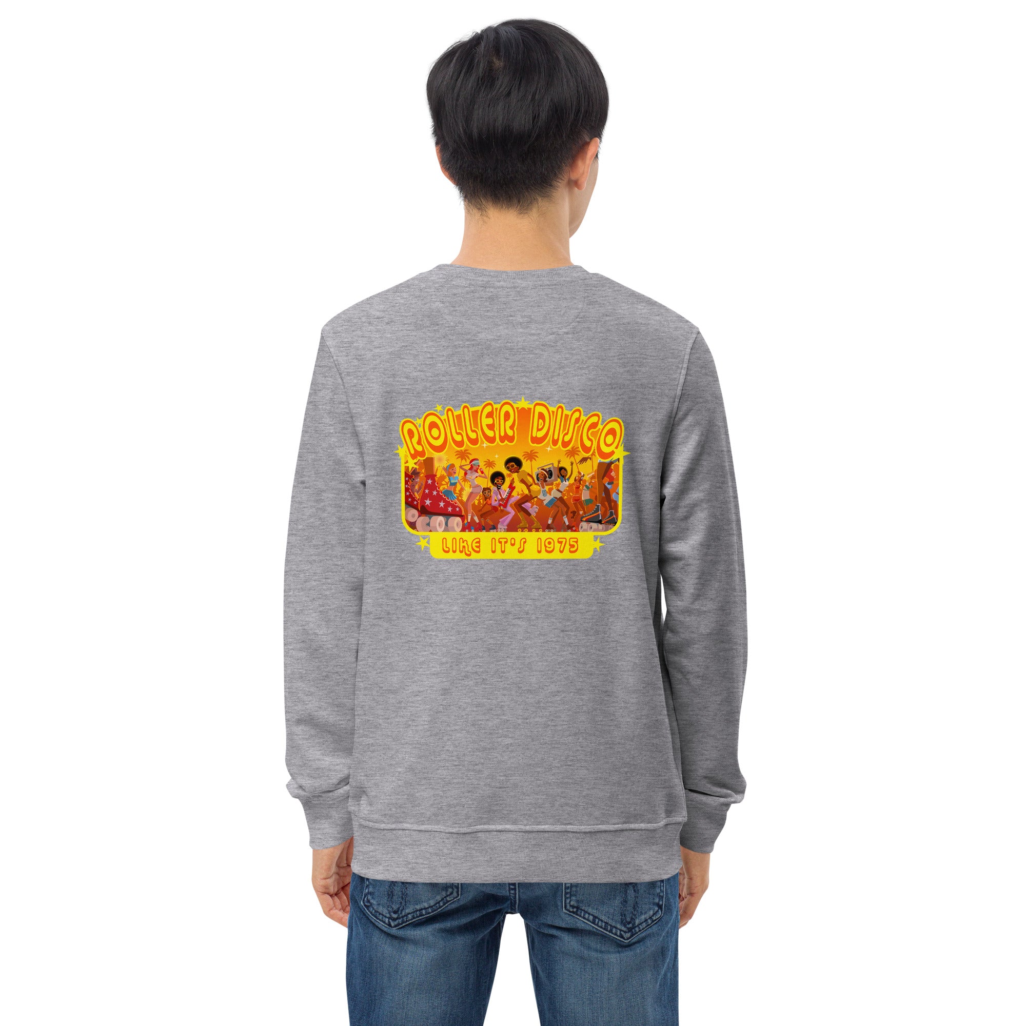 Unisex organic sweatshirt Roller Disco 1975 (front & back)