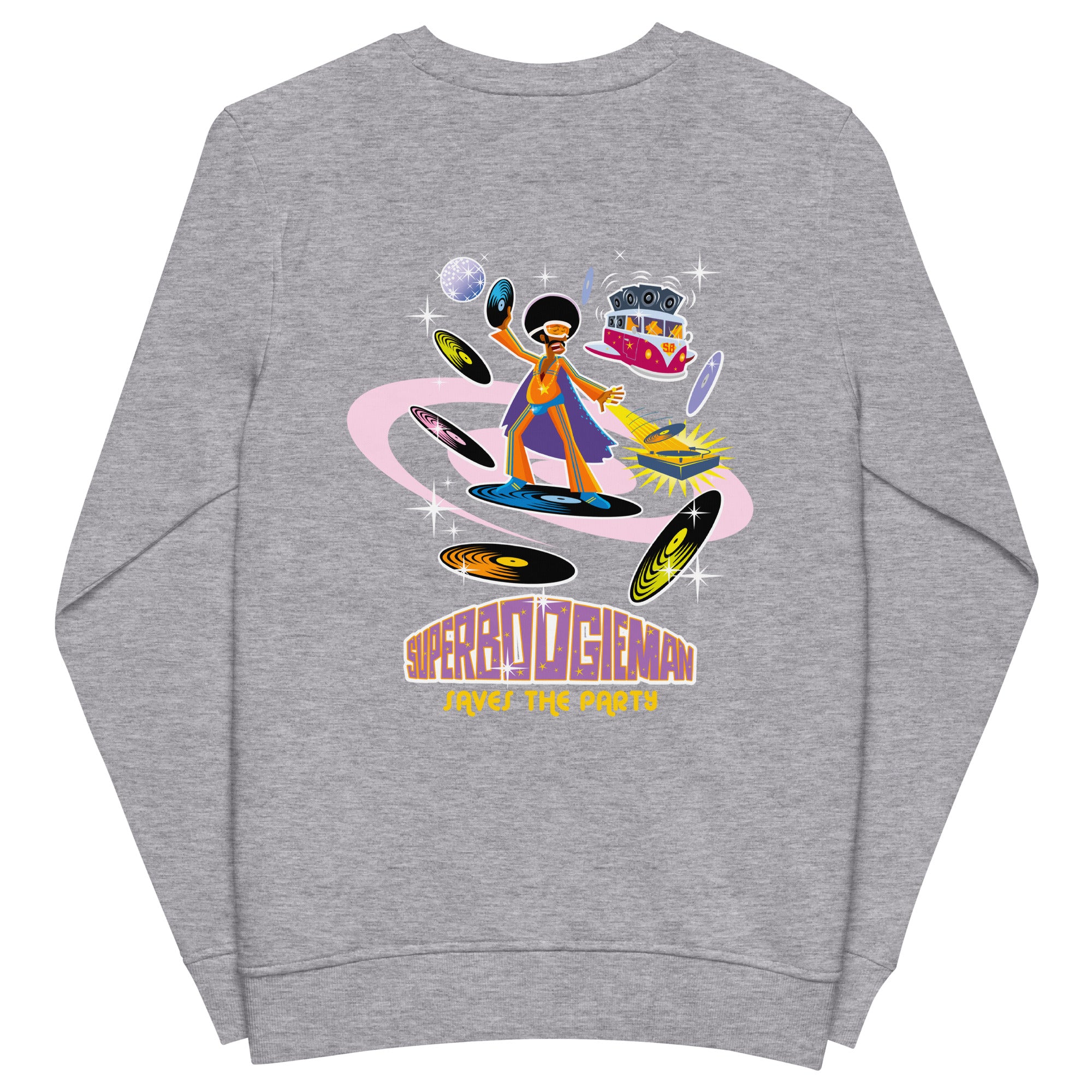 Unisex organic sweatshirt Superboogieman Saves the Party (front & back)