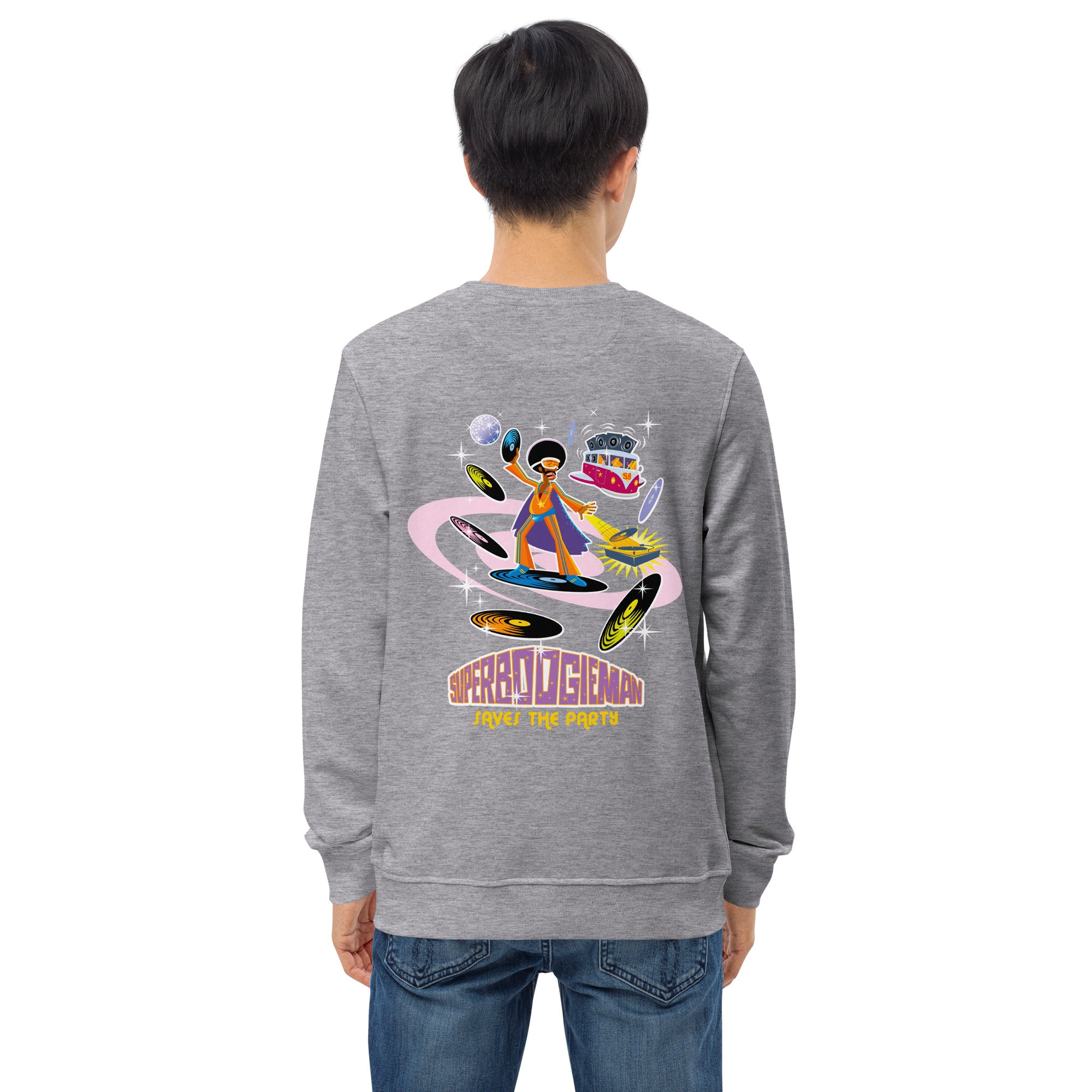 Unisex organic sweatshirt Superboogieman Saves the Party (front & back)