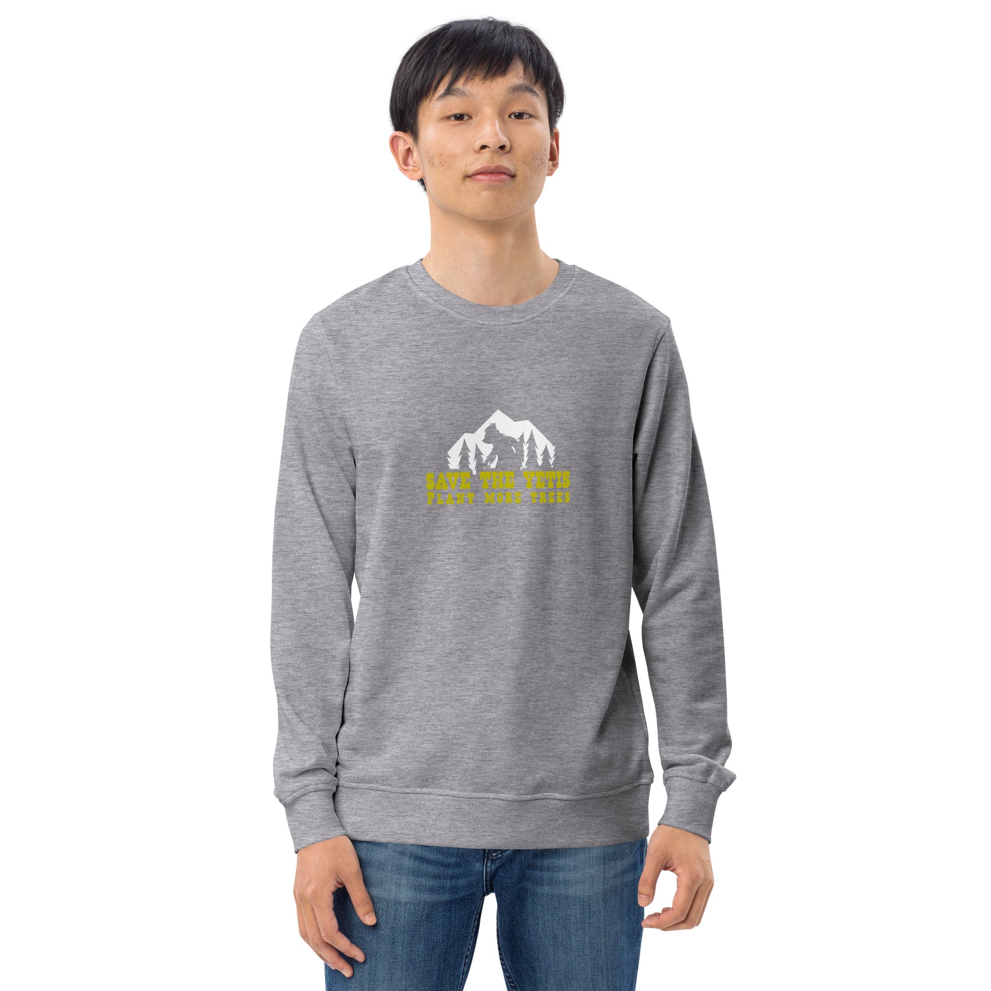 Unisex organic sweatshirt Save the Yetis, Plant more Trees (front & back)