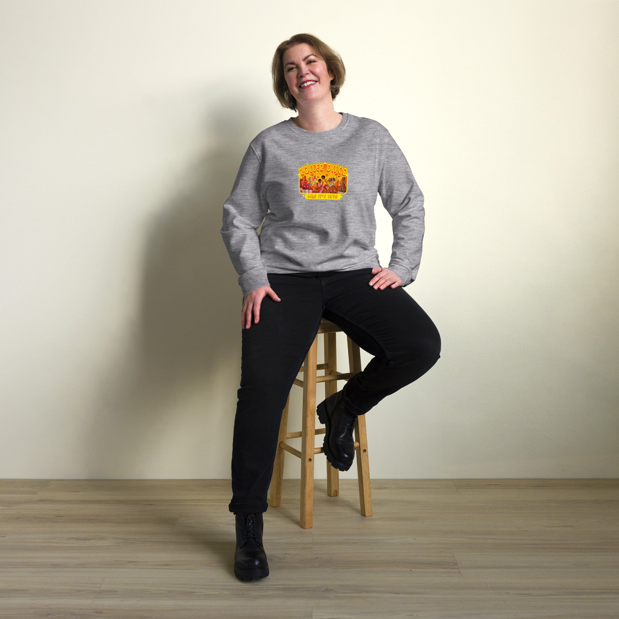 Unisex organic sweatshirt Roller Disco 1975 (front & back)