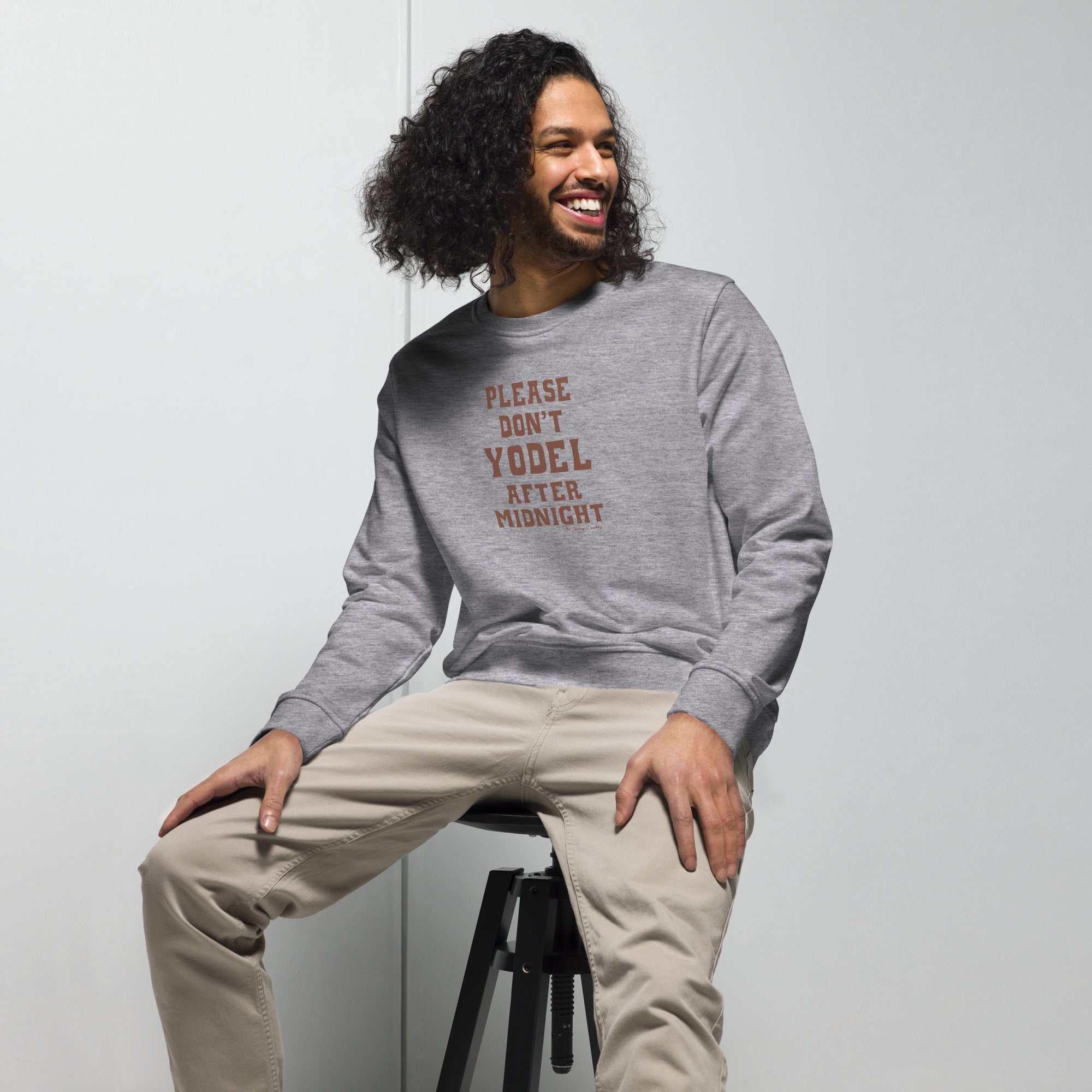 Unisex organic sweatshirt Don't Yodel After Midnight dark text