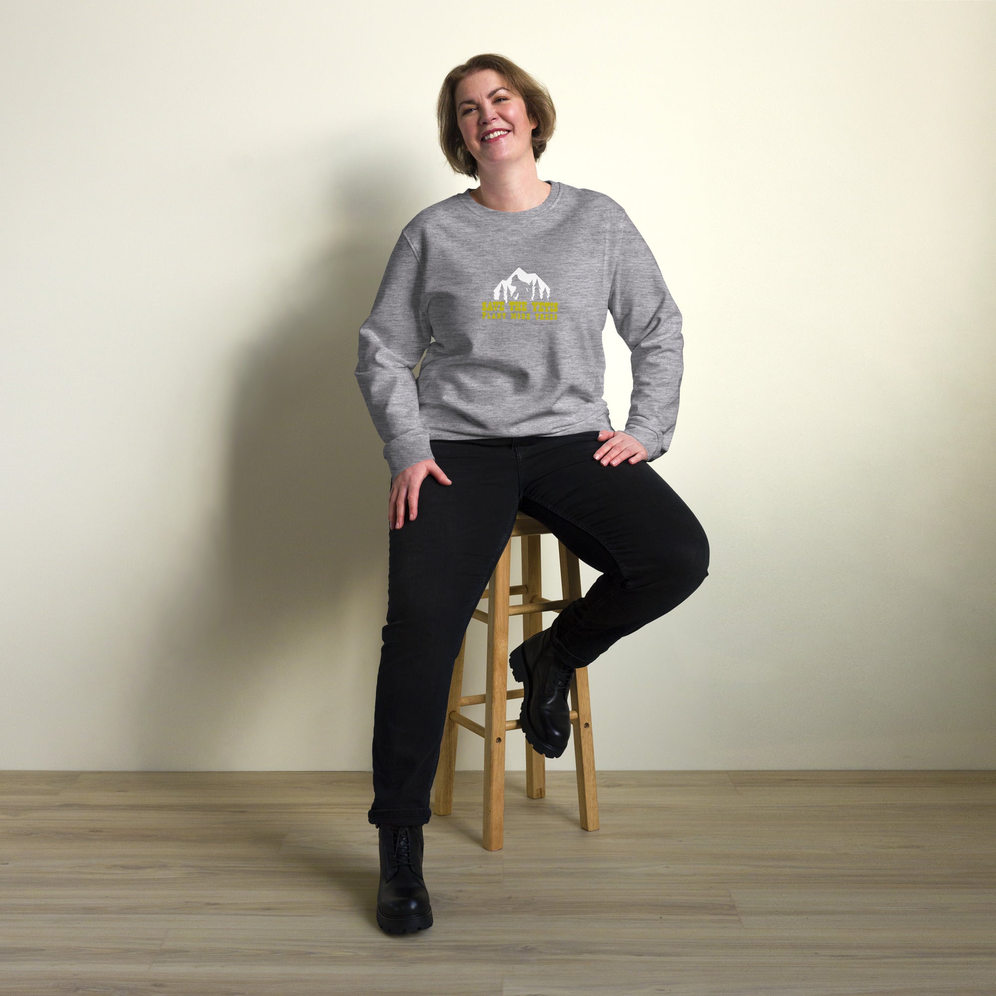 Unisex organic sweatshirt Save the Yetis, Plant more Trees (front & back)