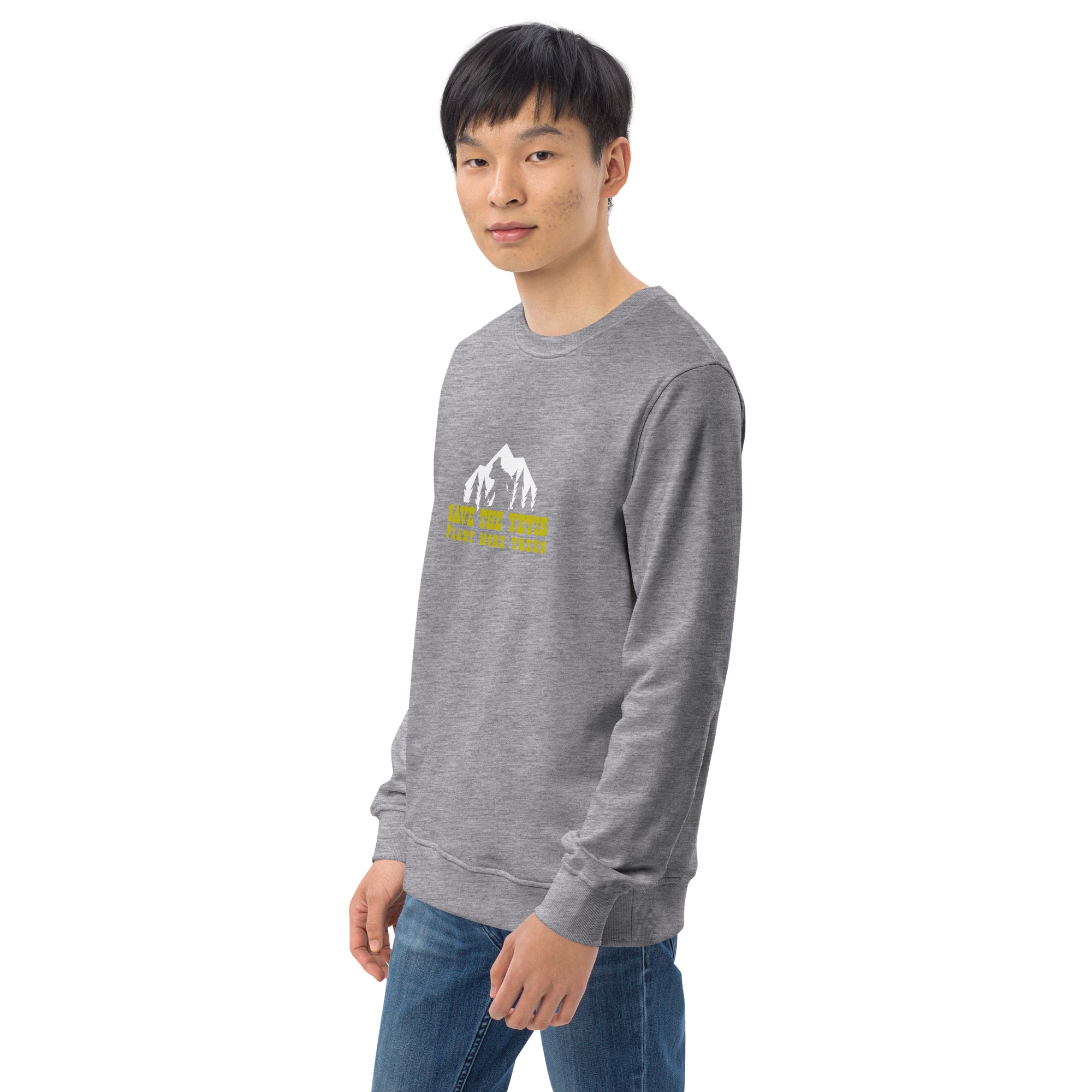 Unisex organic sweatshirt Save the Yetis, Plant more Trees (front & back)