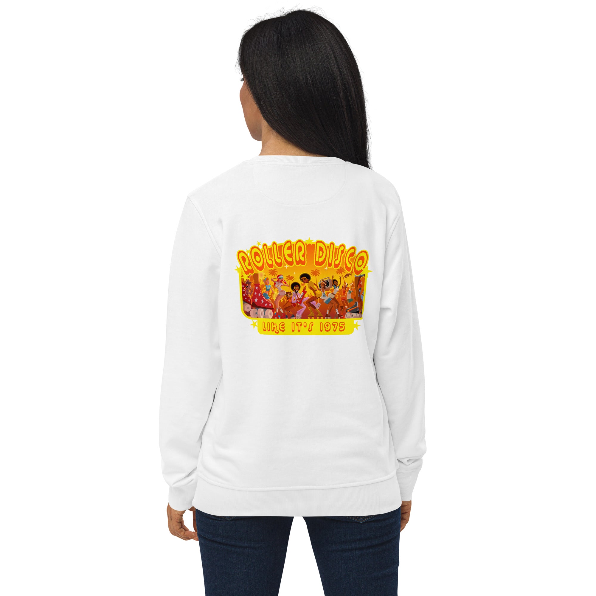 Unisex organic sweatshirt Roller Disco 1975 (front & back)