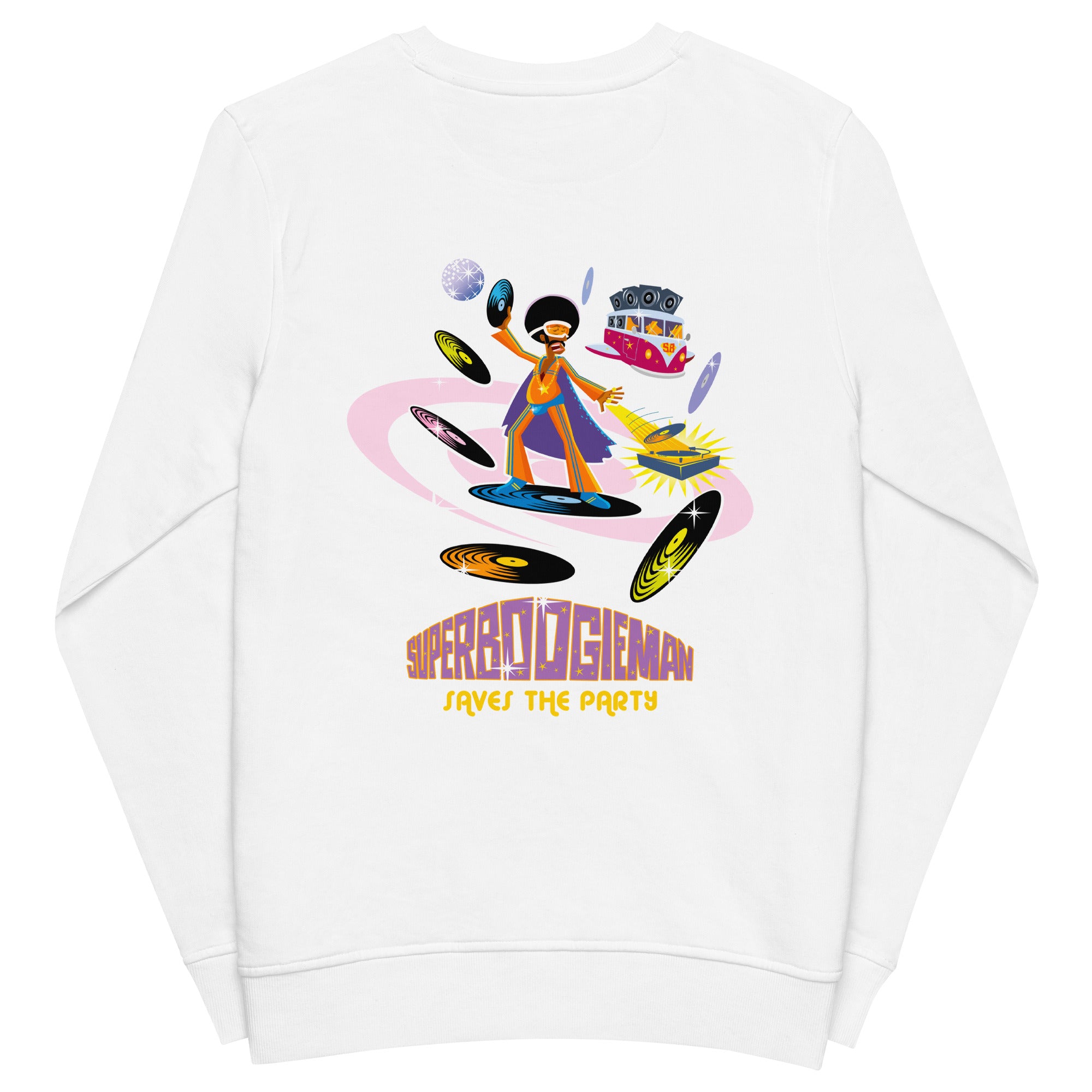 Unisex organic sweatshirt Superboogieman Saves the Party (front & back)