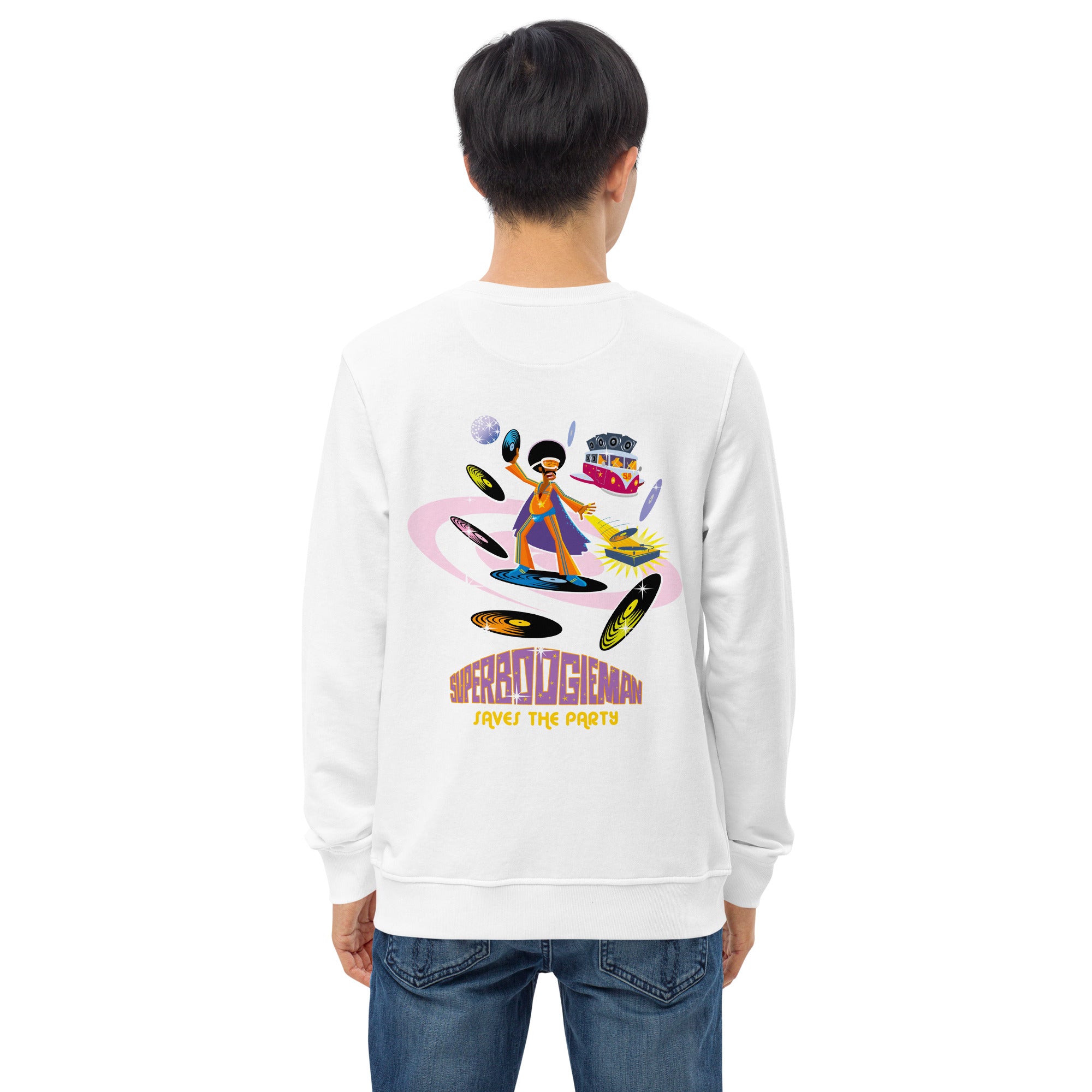 Unisex organic sweatshirt Superboogieman Saves the Party (front & back)