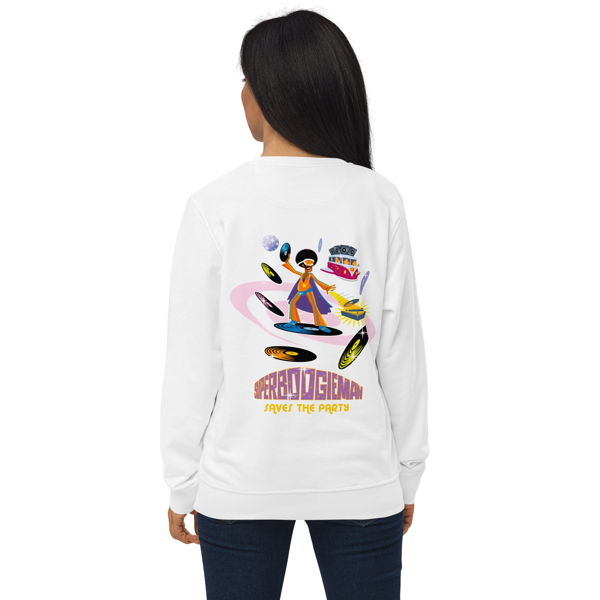 Unisex organic sweatshirt Superboogieman Saves the Party (front & back)