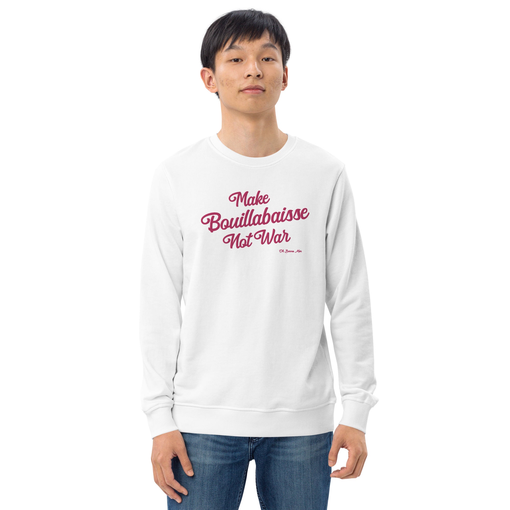 Unisex organic sweatshirt Make Bouillabaisse Not War large flamingo embroidered pattern