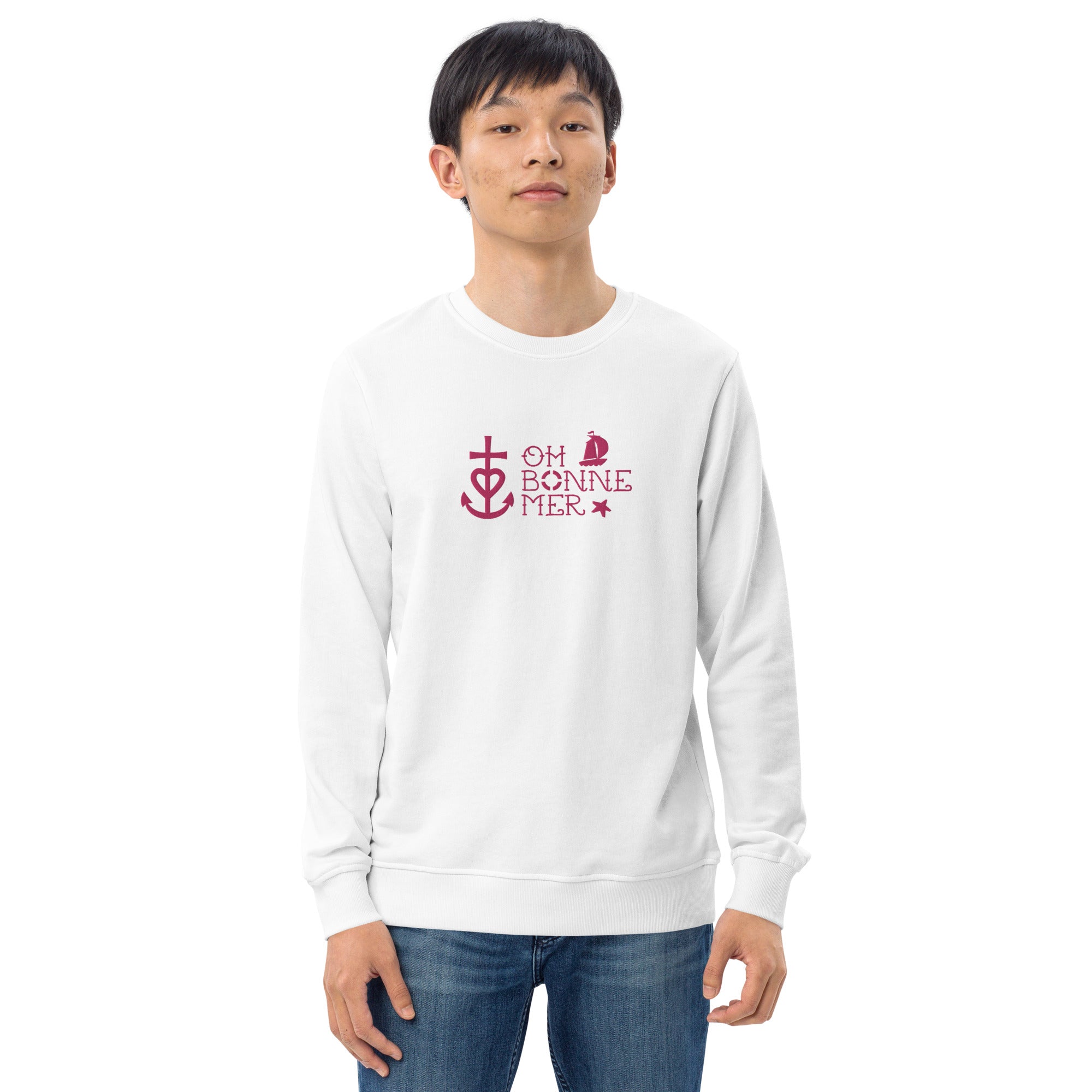 Unisex organic sweatshirt Oh Bonne Mer 2 flamingo embroidered pattern