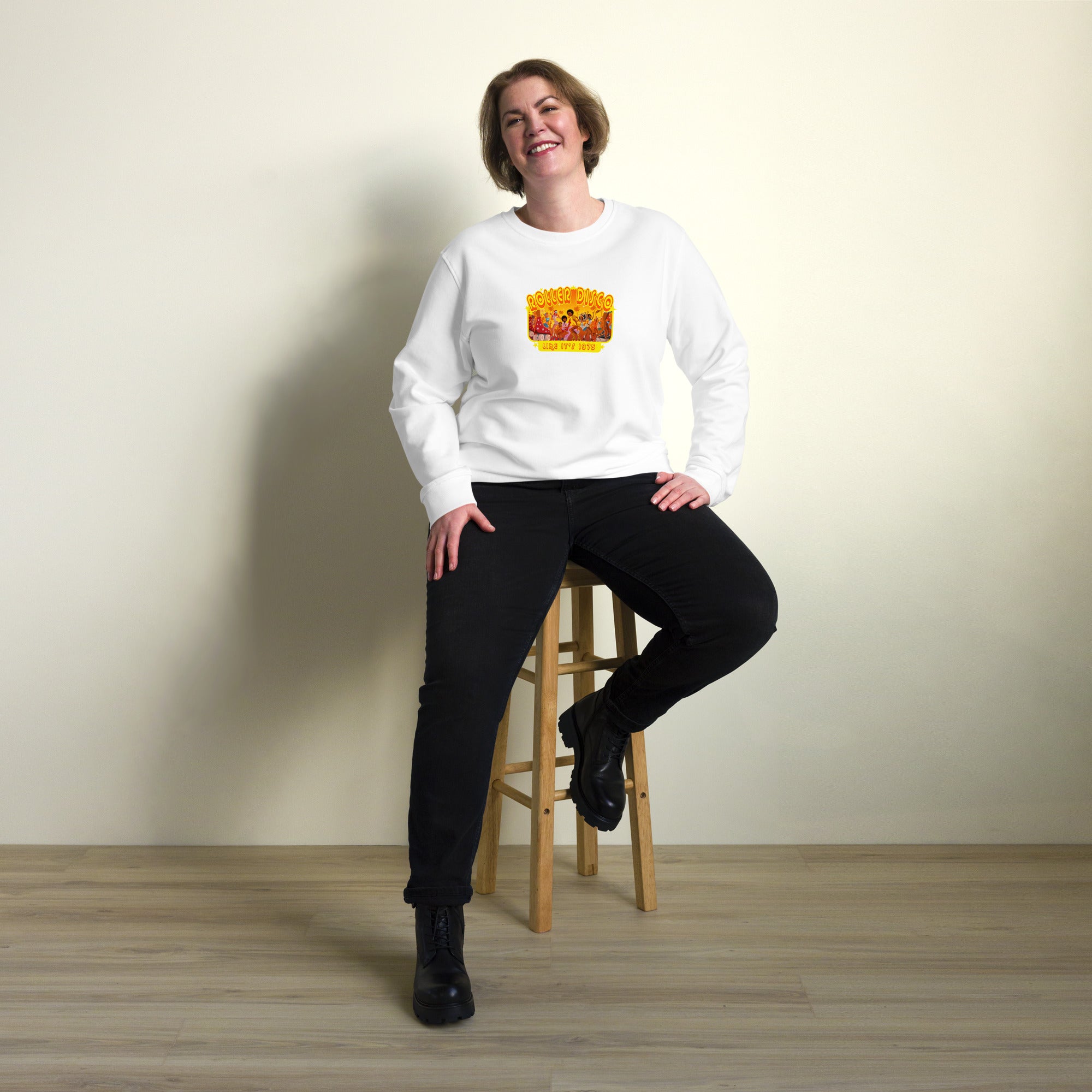 Unisex organic sweatshirt Roller Disco 1975 (front & back)